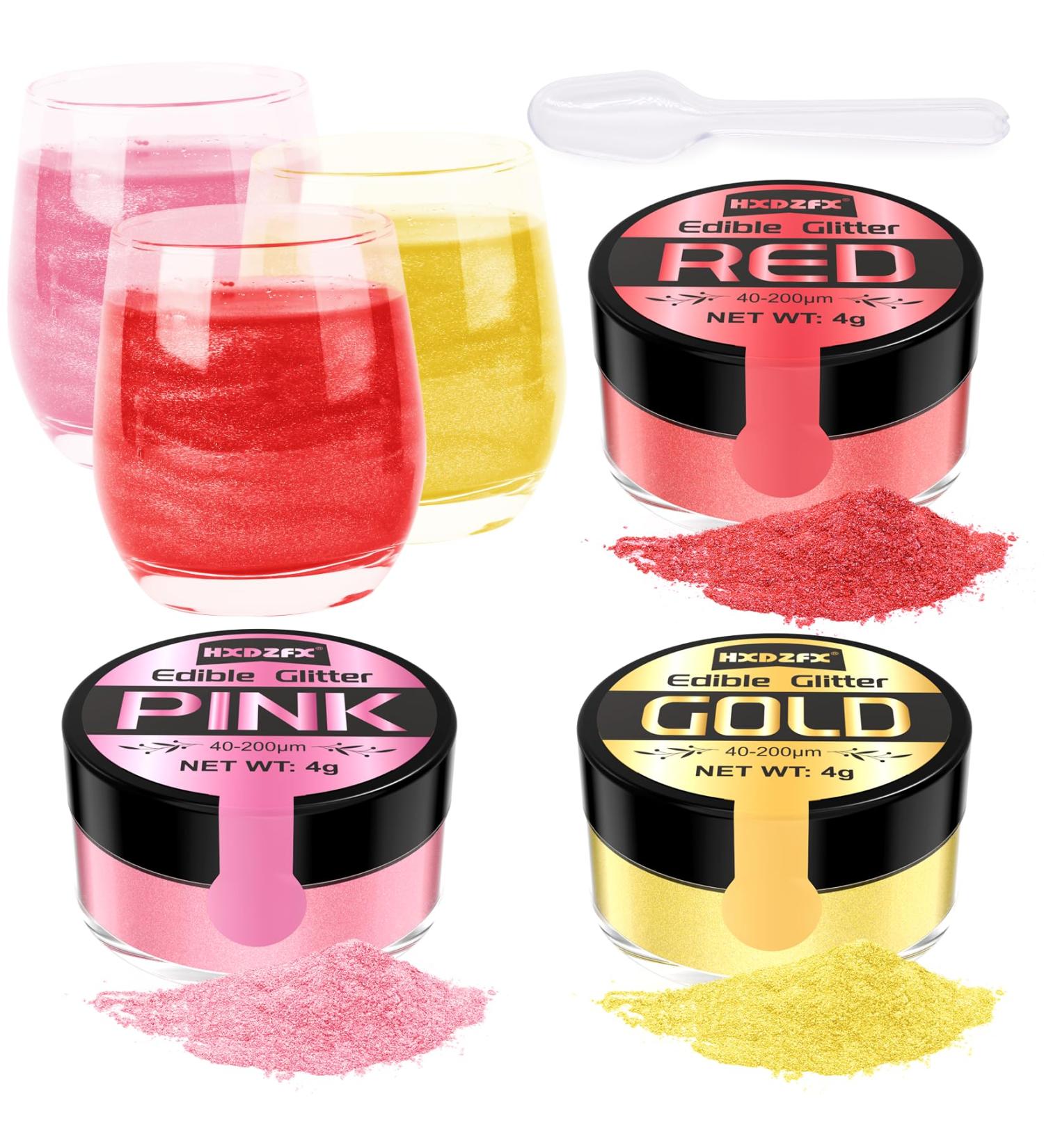 Edible Glitter - 3 Colours 100% Edible Glitter for Cakes Gold Pink Red Edible Glitter for Drinks Cake Decorations Chocolates Muffins Cocktail Cream etc (4g Each) - Buy Online on GoSupps.com