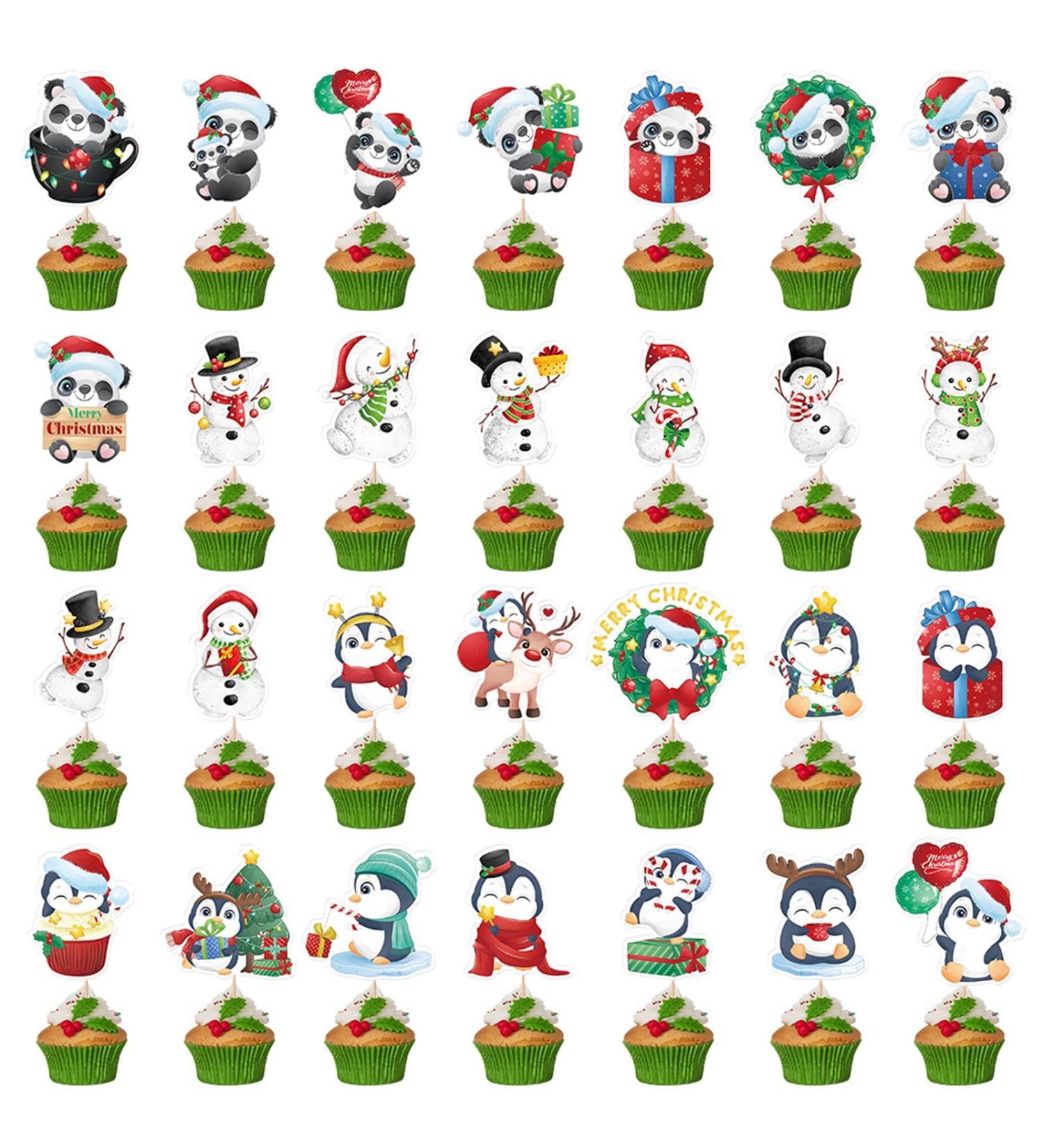 Christmas Cupcake Toppers Winter Cake Decorations Snowman Panda Penguin Cartoon Design Cake Toppers Picks for Winter Birthday Christmas Party Decoration Supplies (56pcs) - Buy Online on GoSupps.com