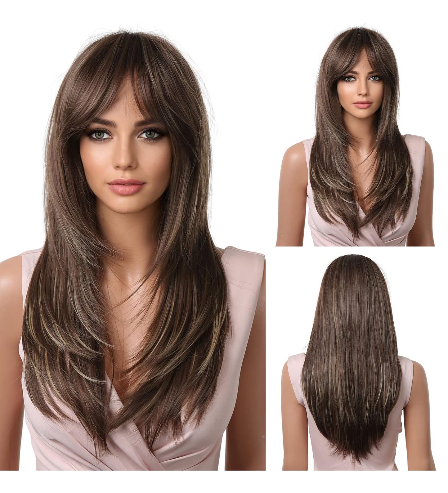 HAIRCUBE 23-Inch Long Brown Layered Synthetic Wig for Women with Highlights - Shop Internationally! - Buy Online on GoSupps.com