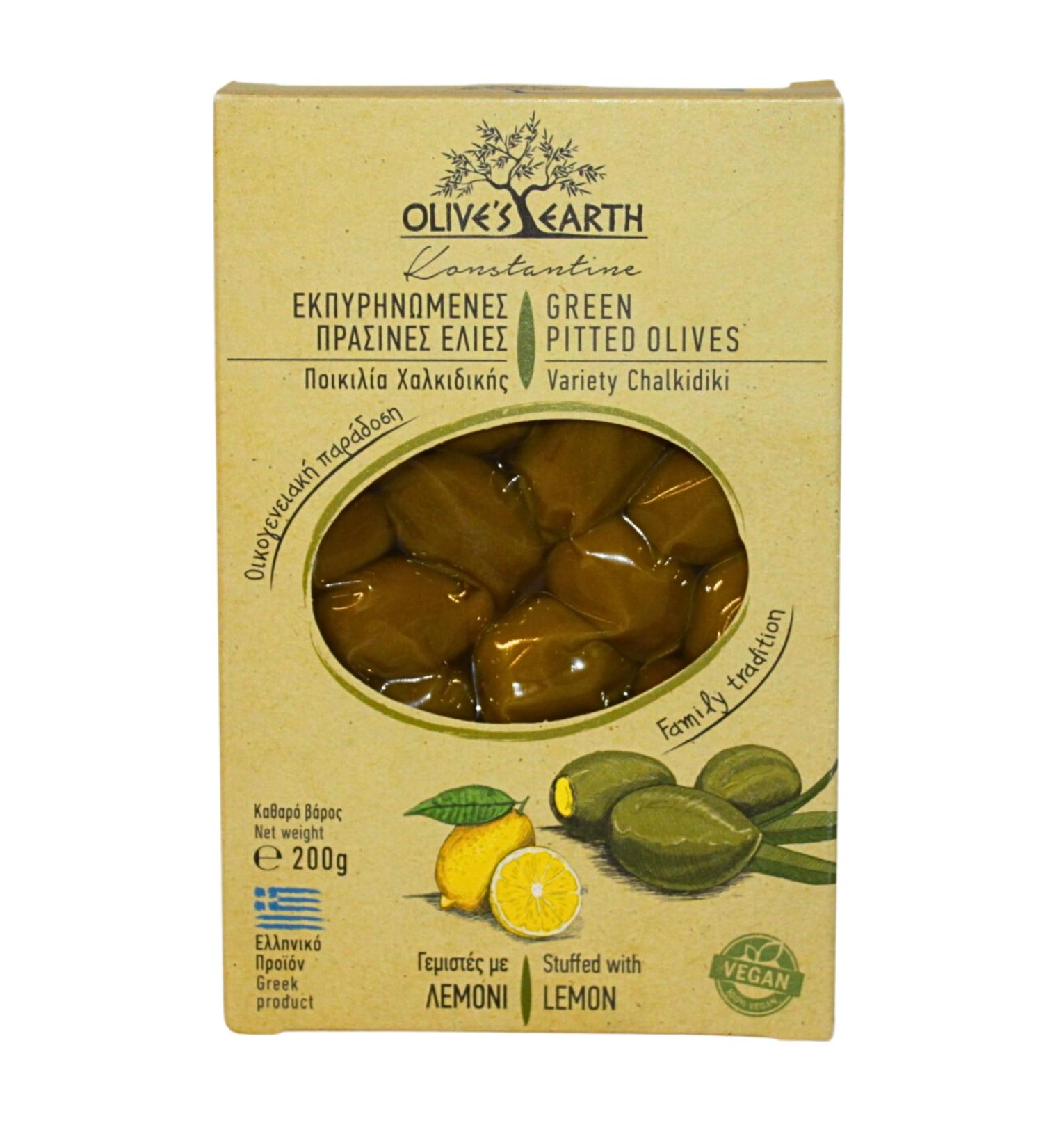 Olive's Earth Natural Greek Pitted Green Olives Stuffed with Lemon Chalkidiki Variety Pack of 4 x 200g (Total: 800g) - Buy Online on GoSupps.com