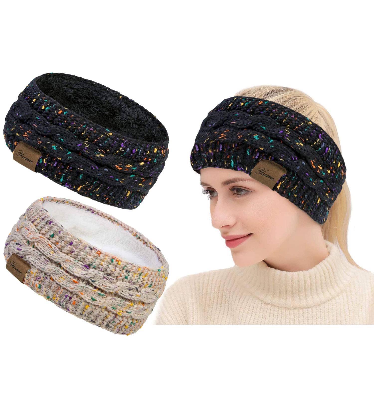 Winter Cable Knit Headbands - Chunky Elastic Thermal Headbands for Women with Twist Lining and Velvet - Confetti Knitted Headbands for Girls and Ladies (Black/Beige/Color) - Buy Online on GoSupps.com