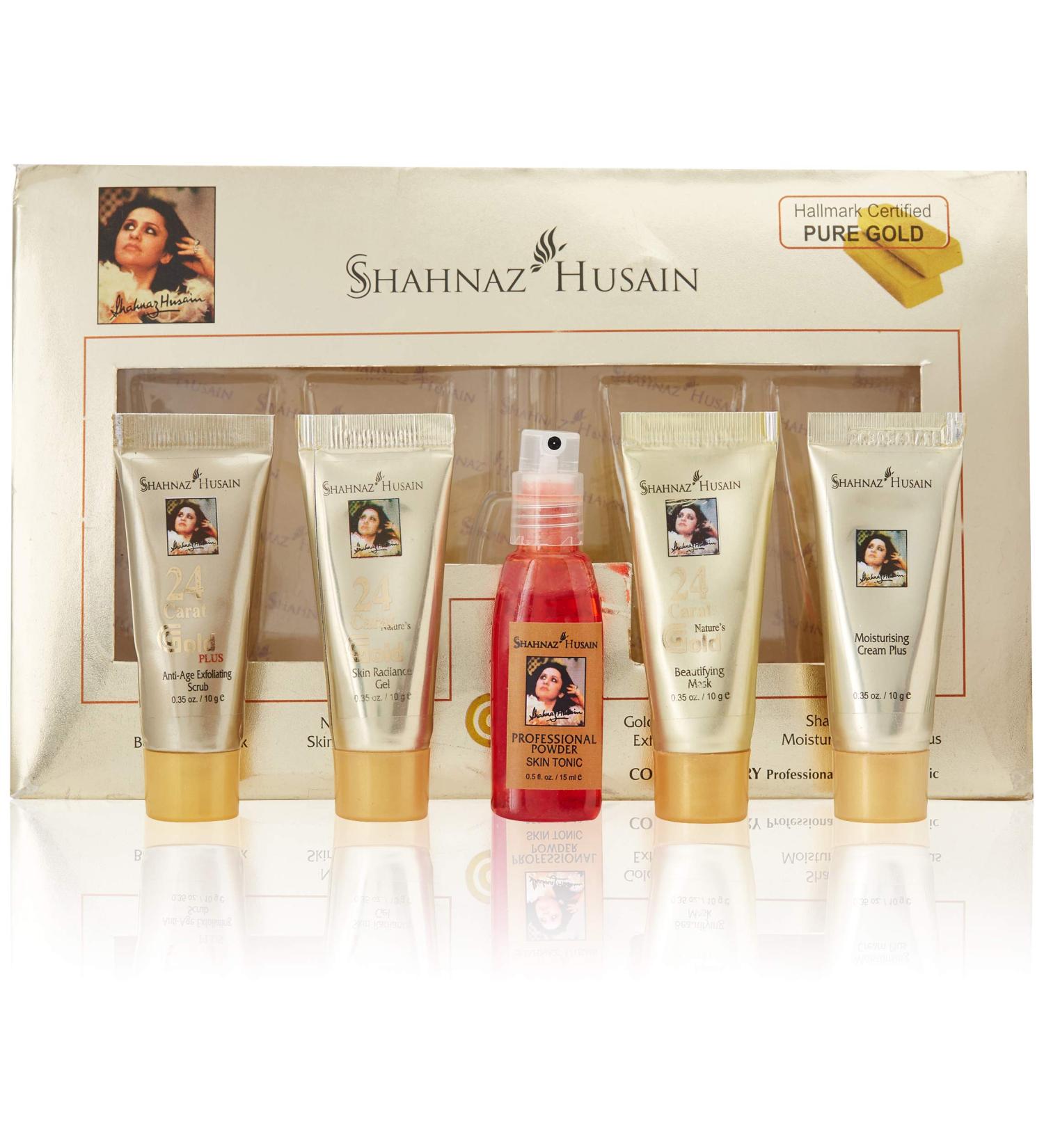 Shahnaz Husain 24 Carat Gold Skin Radiance Timeless Youth Kit - Exfoliating Scrub, Radiance Gel, Moisturizing Cream & Mask (40g each) - Buy Online on GoSupps.com
