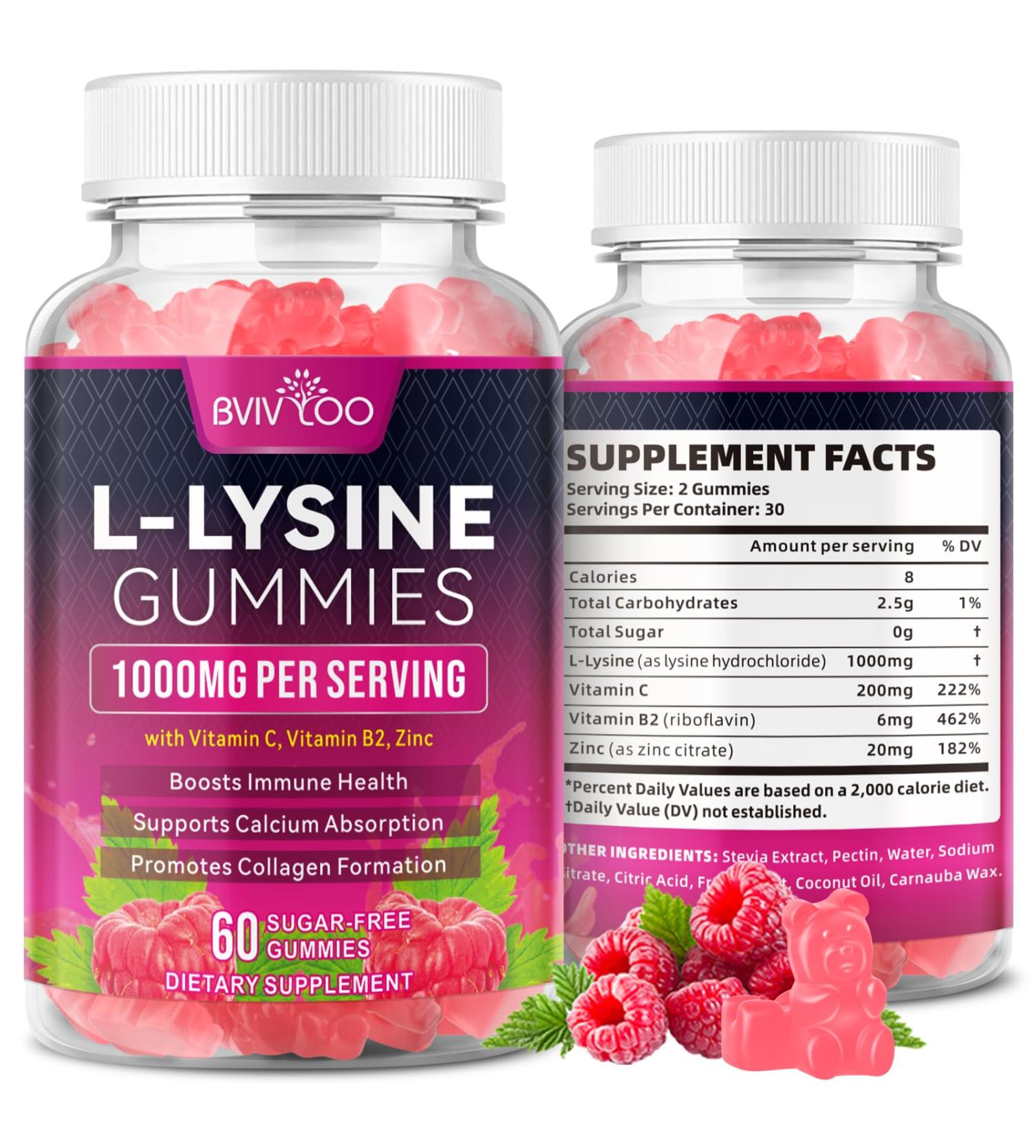 BVIVLOO L-Lysine 1000mg Gummies for Immune Support & Skin Health - High Potency Vegan Sugar-Free Gluten-Free Supplement with Natural Raspberry Flavor for Adults & Kids - 60 Gummies - Buy Online on GoSupps.com