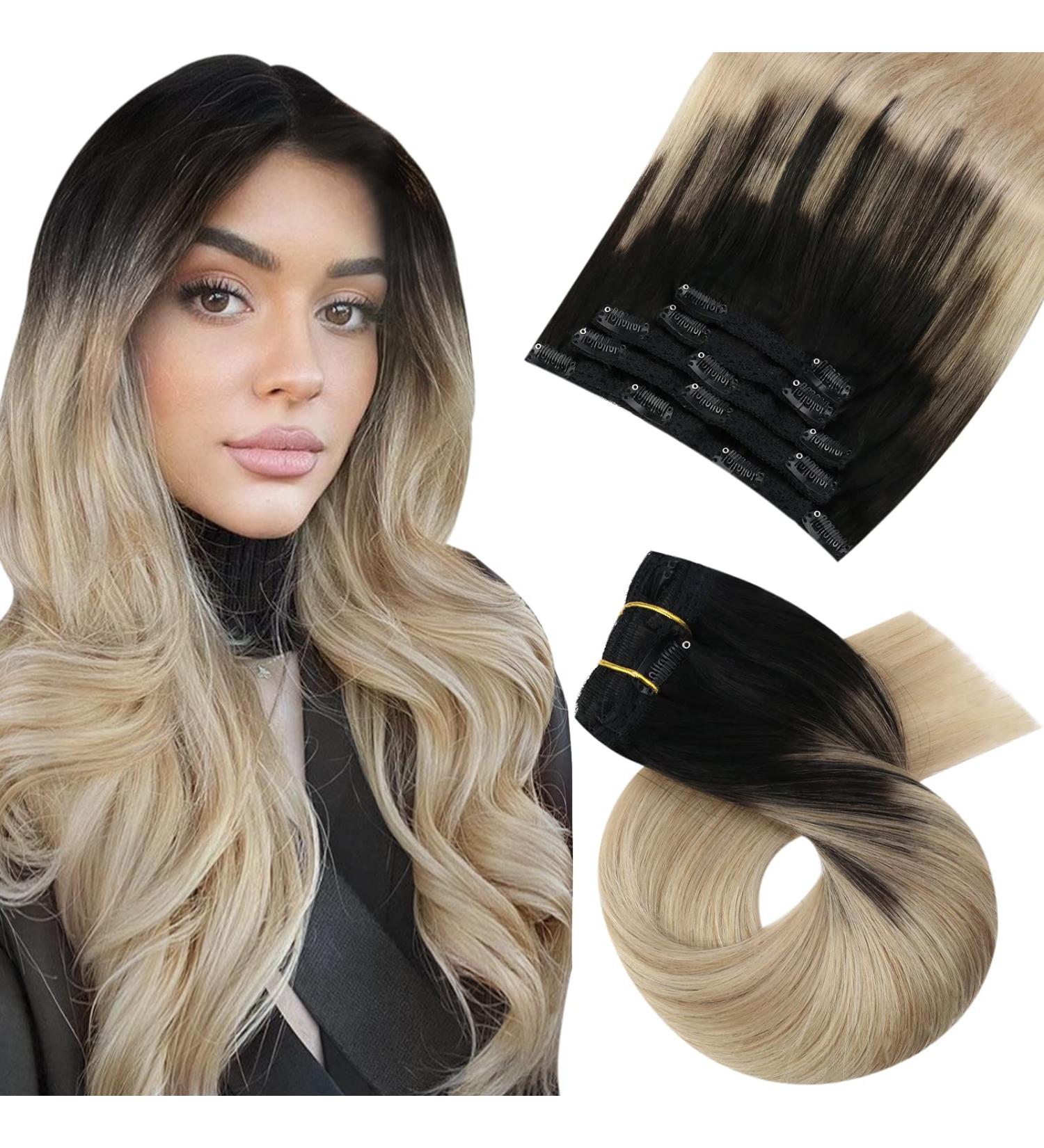Moresoo Balayage Blonde Clip in Hair Extensions | Real Human Hair Ombre | Natural Black Root to Ash Blonde | 20 Inch 7Pcs/120g #1B/18/60 - Buy Online on GoSupps.com