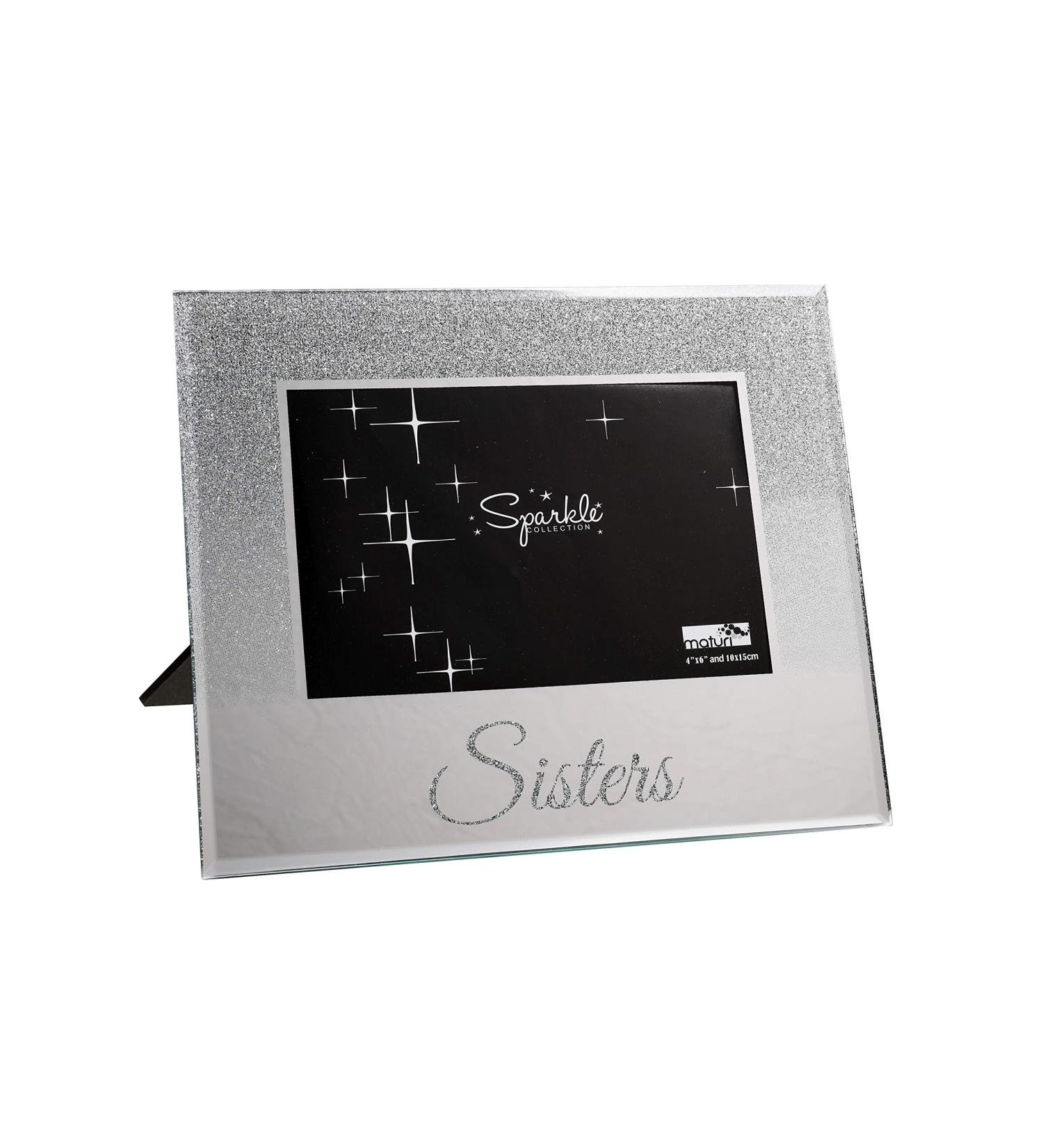 Maturi Silver Glitter Photo Frame Mirrored 6 x 4 Inch Sisters Gift