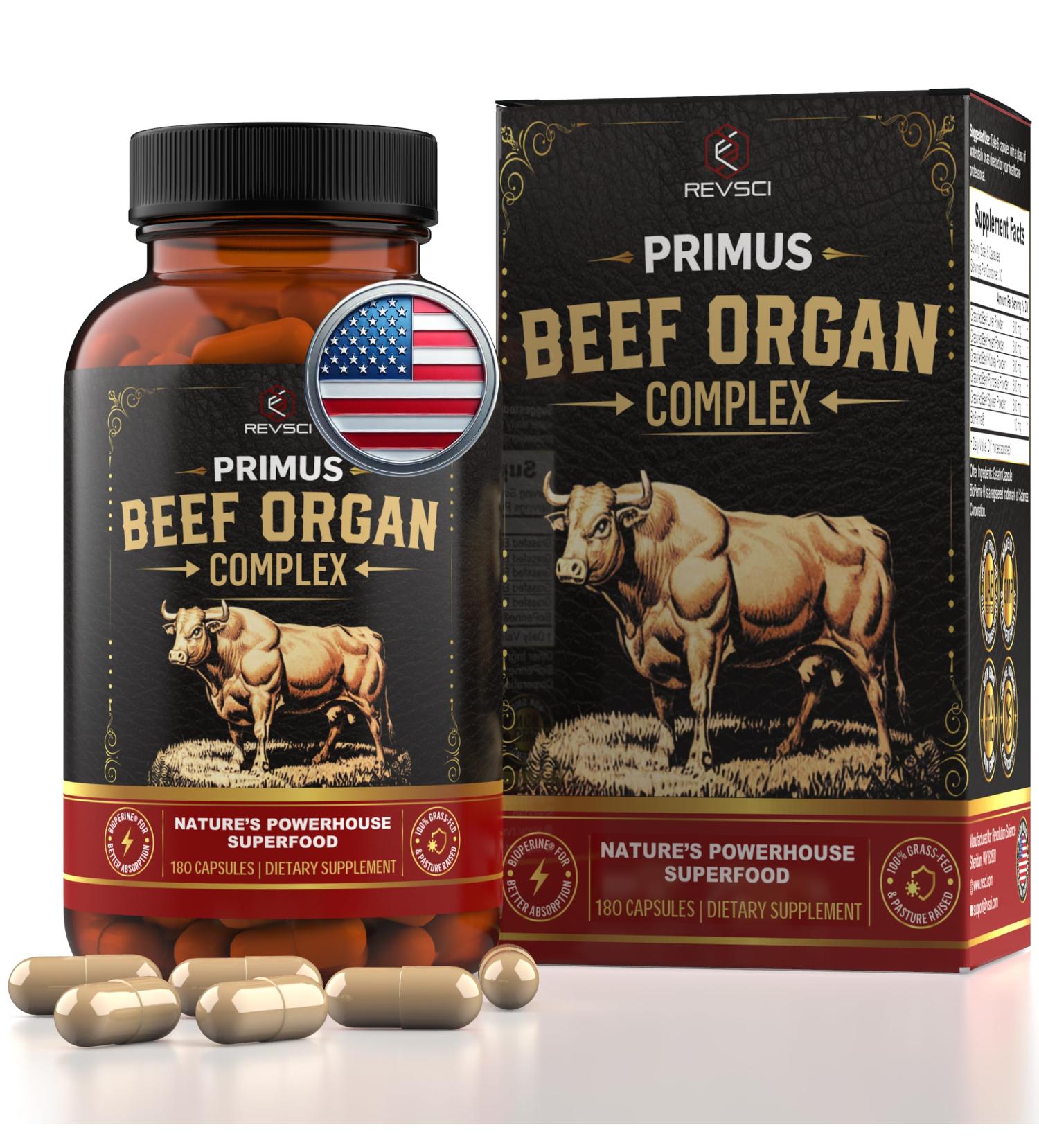 Grass Fed Beef Organ Supplement for Men & Women - PRIMUS Grassfed Beef Liver Capsules with Heart Ancestral Blend 5 Organ Meat Supplements & BioPerine for Absorption Vitality Energy 180 Pills - Buy Online on GoSupps.com
