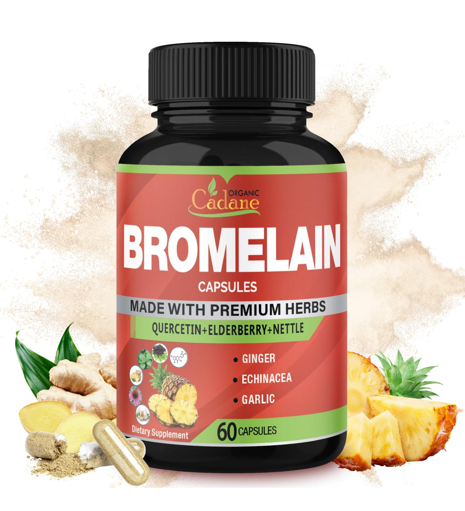 Organic Cadane Bromelain Extract Capsules 8in1 with Quercetin Elderberry Nettle Ginger Echinacea Garlic Black Pepper - Support Digestion Health & Immune System - 60 Capsules - Buy Online on GoSupps.com