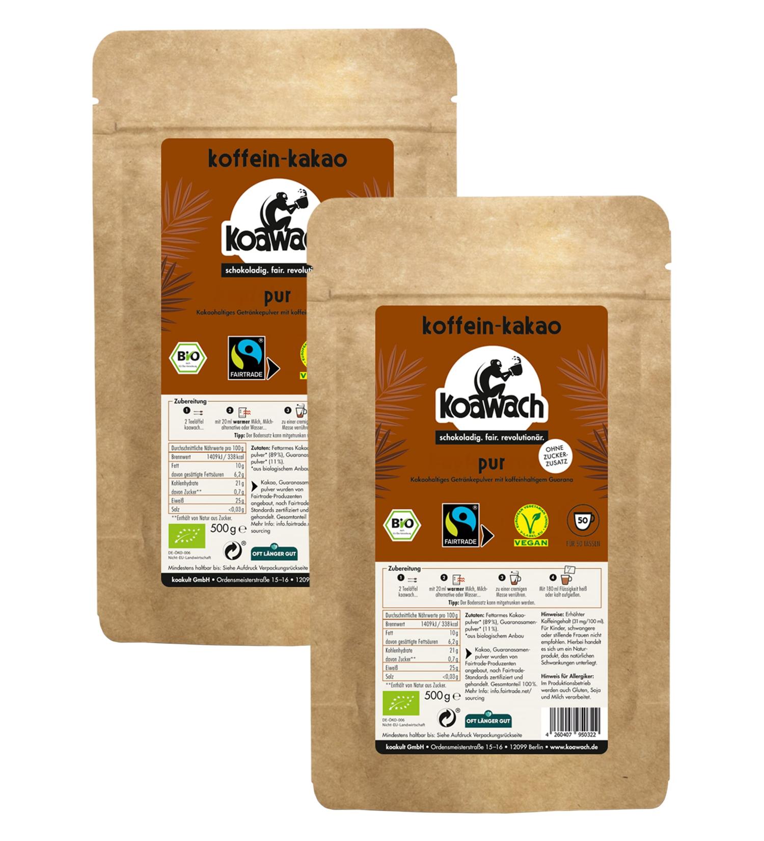 Koawach PUR Sugar-Free Cocoa Powder Drinking Chocolate - Vegan Hot Chocolate with Caffeine & Guarana | 1kg Fairtrade Energy Drink - Buy Online on GoSupps.com