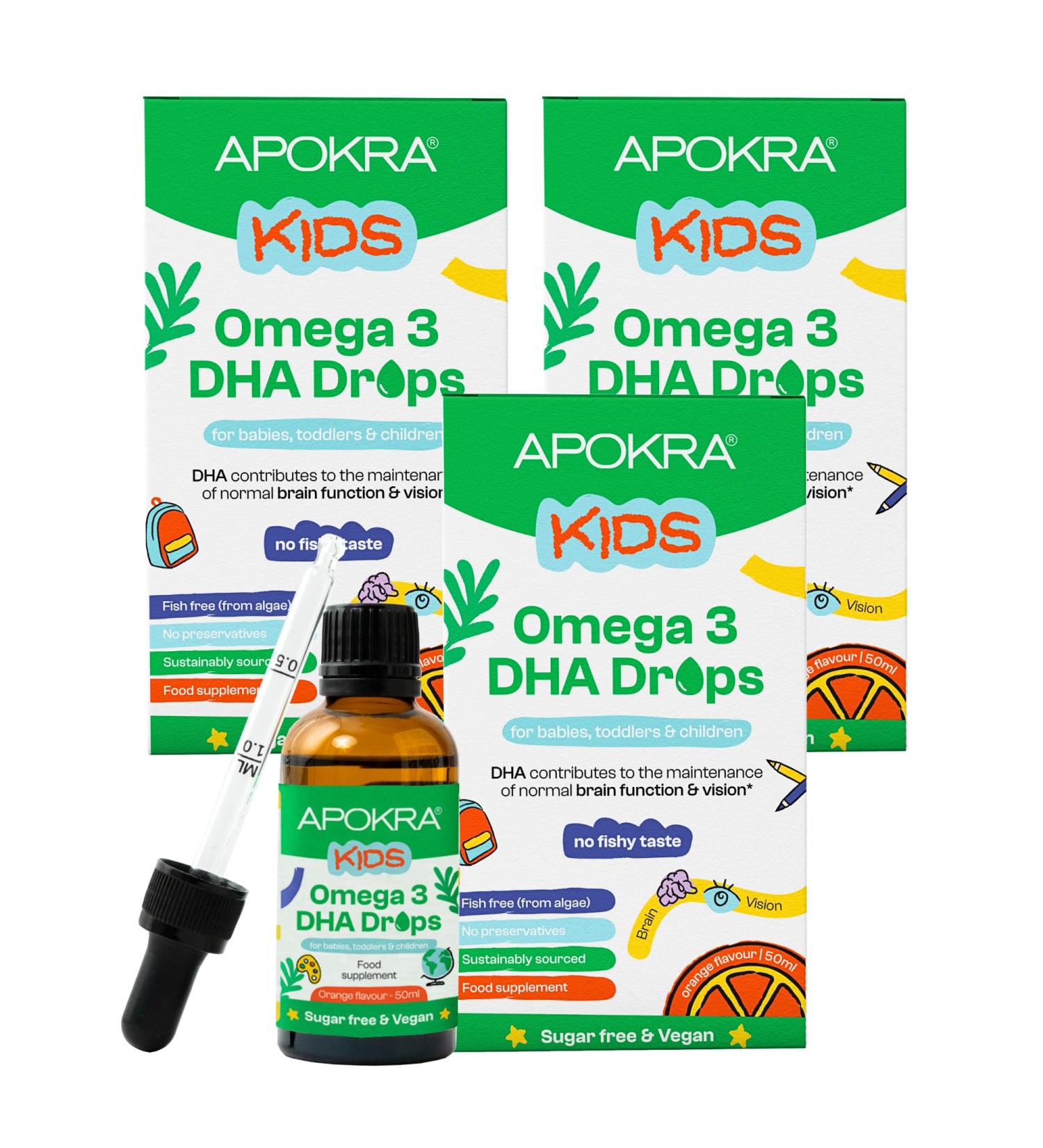 Omega 3 Vegan DHA drops for children bundle 50 ml no fish flavor preservative free and sugar free Sustainable algae alternative to fish oil APOKRA Kids 3 - Buy Online on GoSupps.com