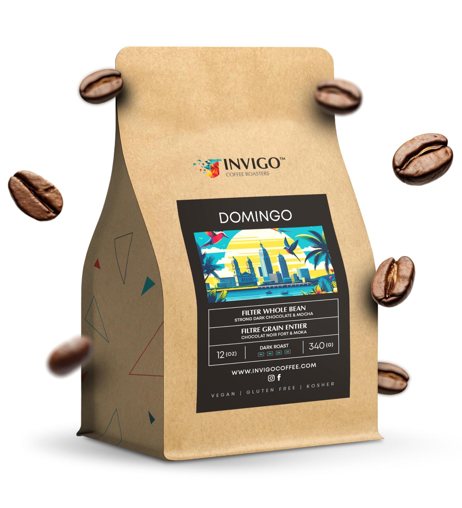 Invigo Filter Coffee Beans 340g - Whole Coffee Beans Small Batch & Local Premium Roasting Vegan & Gluten-Free Birthday Gift for Coffee Lovers Whole Beans Domingo - Buy Online on GoSupps.com
