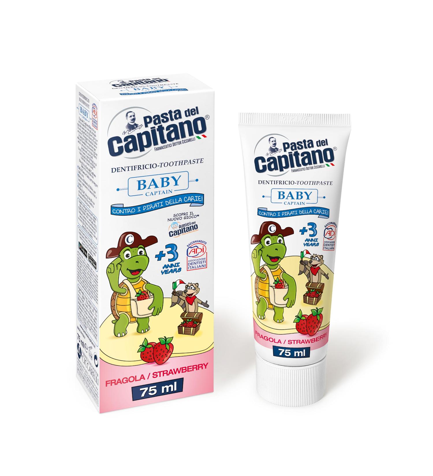 Pasta del Capitano Strawberry Baby Toothpaste Gentle Fluoride & Calcium Formula 75ml Made in Italy for Kids 3+ - Buy Online on GoSupps.com
