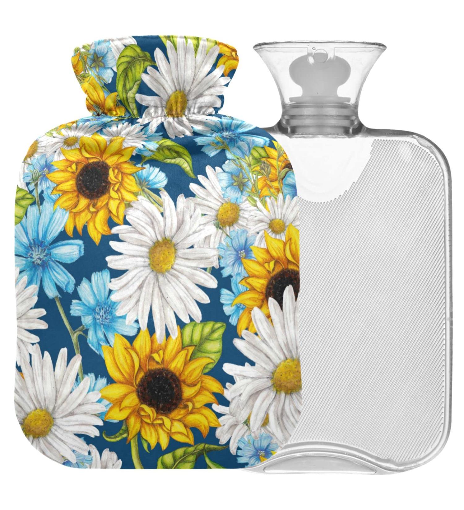 NAANLE 1L Hot Water Bottle with Cover - Watercolor Daisy Sunflower Design for Menstrual Cramps Pain Relief & Heat Therapy - Ideal for Hand & Foot Comfort - Buy Online on GoSupps.com