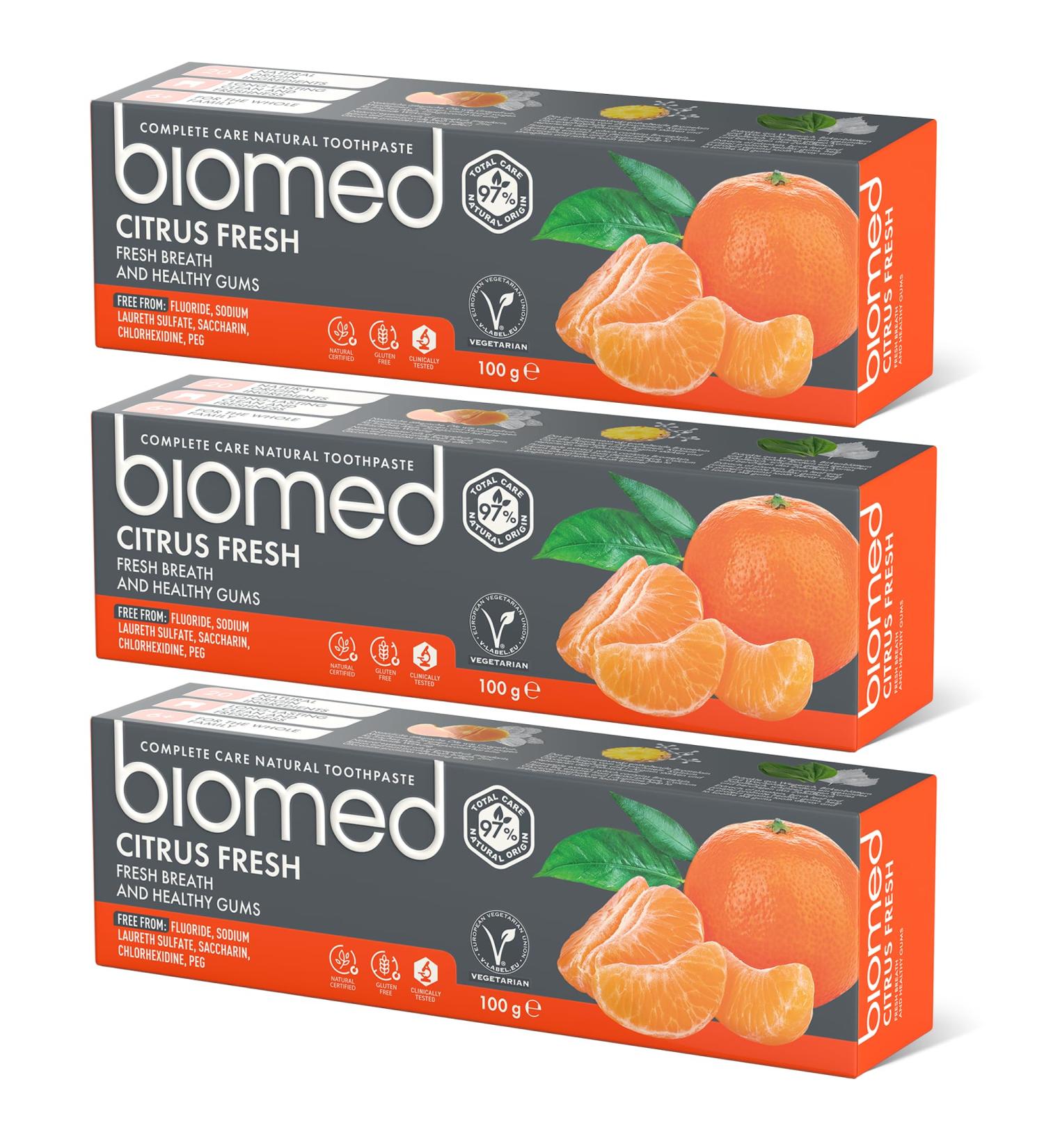 Biomed Fresh Citrus Toothpaste 3x100g - Fluoride-Free Anti-Plaque Fresh Breath & Healthy Gums - Buy Online on GoSupps.com