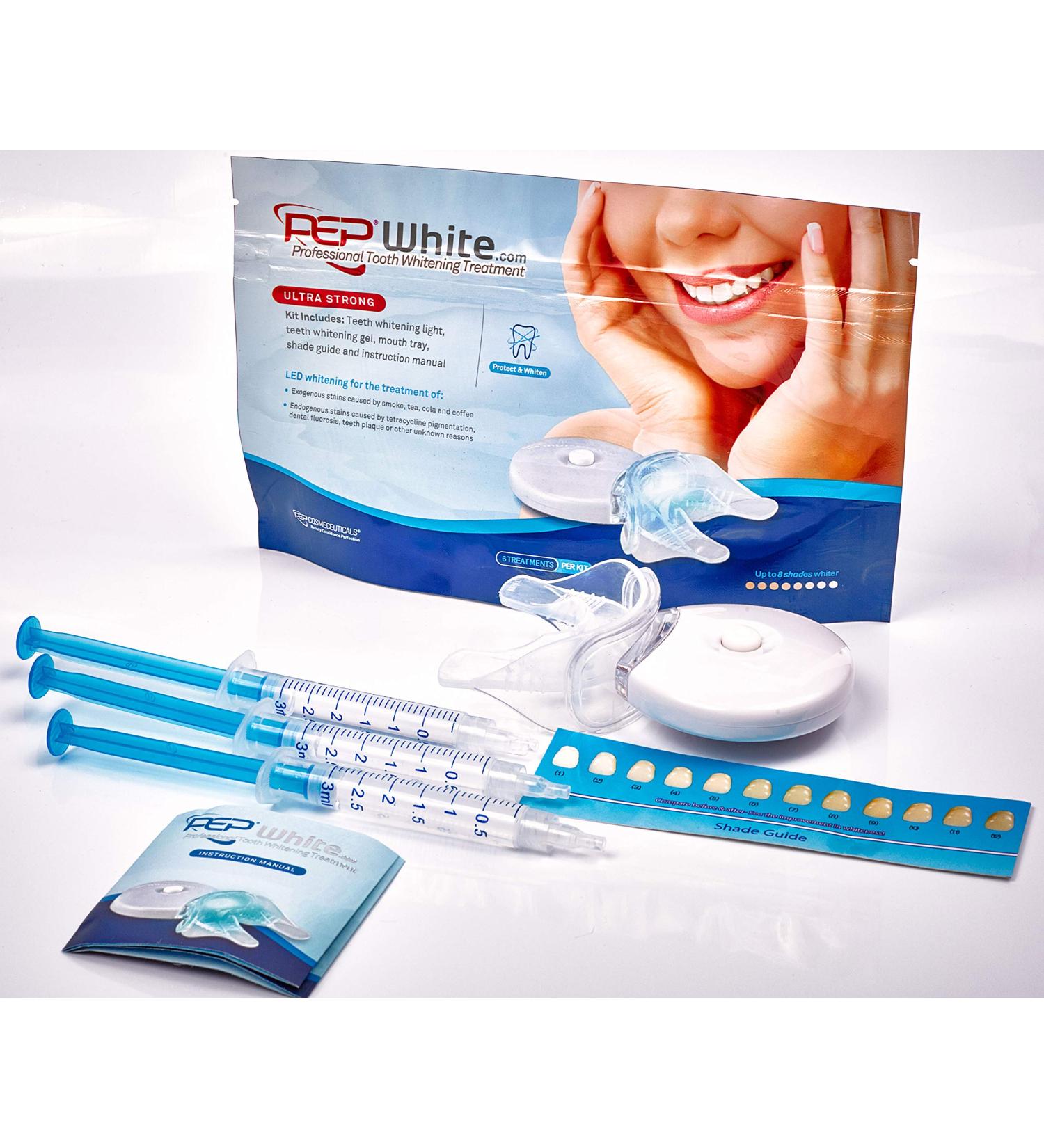 PepWhite Ultra - Super Powerful Teeth Whitening Kit with LED Light (Complete LED Kit + Mouthguard + 3 x Pep White Ultra Whitening Gel) - Buy Online on GoSupps.com