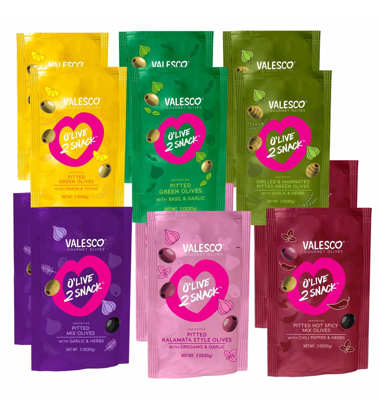 Valesco OLive 2 Snack Pitted Olives Variety Pack 6 Flavors 3 oz (12 Pouches) - Buy Online on GoSupps.com
