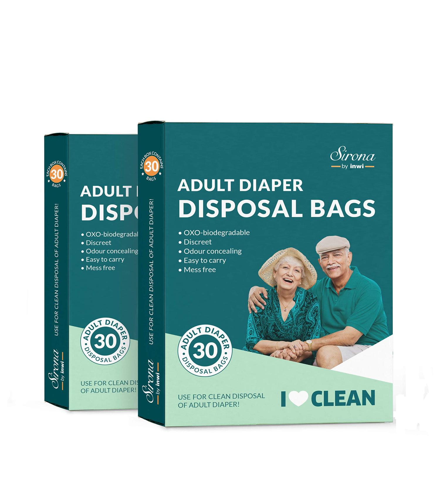 Sirona Premium Adult Diaper Disposal Bags - Pack of 60 | Odor Sealing Bags for Discreet Disposal | Travel Friendly 30 Count (Pack of 2) - Buy Online on GoSupps.com