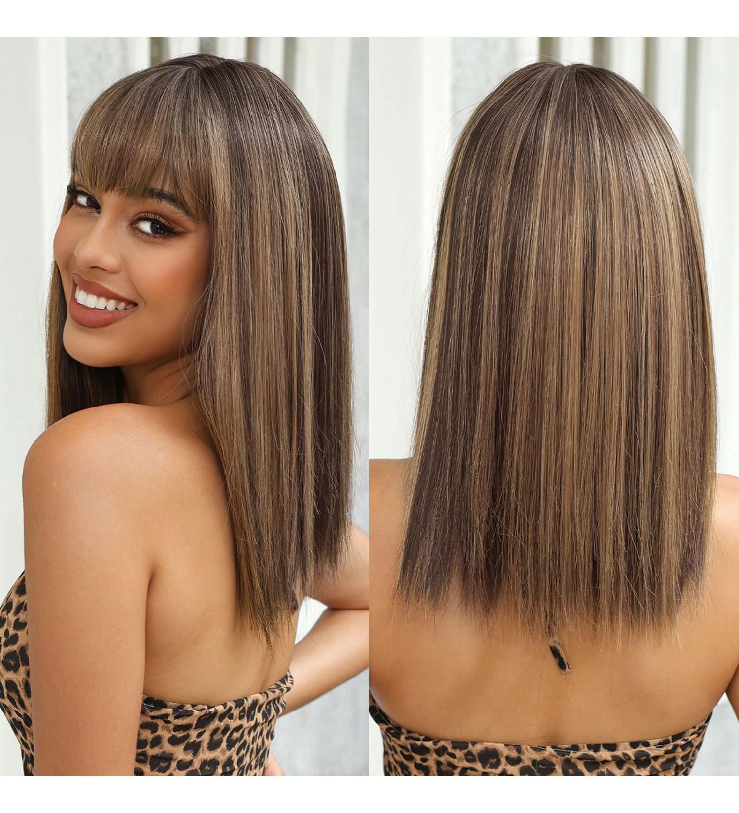 Brown Mixed Blonde Highlight Wig for Black Women | Smooth Bob Wig with Dark Roots & Ponytail | Daily Use - Buy Online on GoSupps.com
