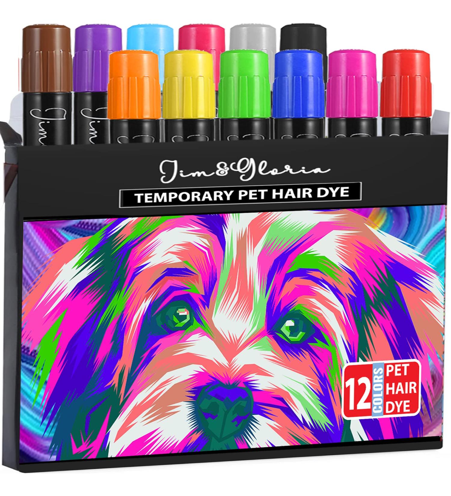 Jim&Gloria Washable Pet Fur Paint Dye Set - 12 Hair Painting Pens for Dogs, Cats, Horses, Livestock - Temporary Colors - Grooming Accessories Kit - Buy Online on GoSupps.com