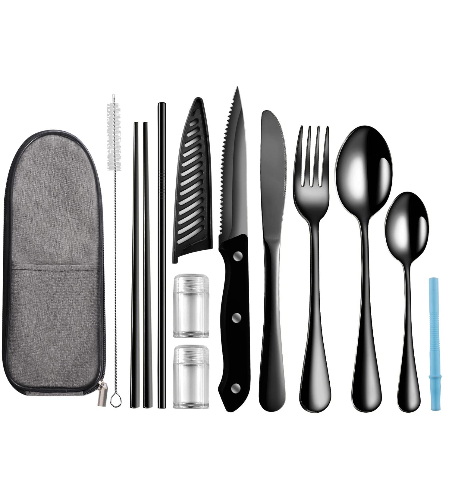 Logcow Portable Travel Utensils Set - Stainless Steel Cutlery with Case for Camping, School, Picnics - Reusable Flatware Set for Lunch Boxes - Black - Buy Online on GoSupps.com