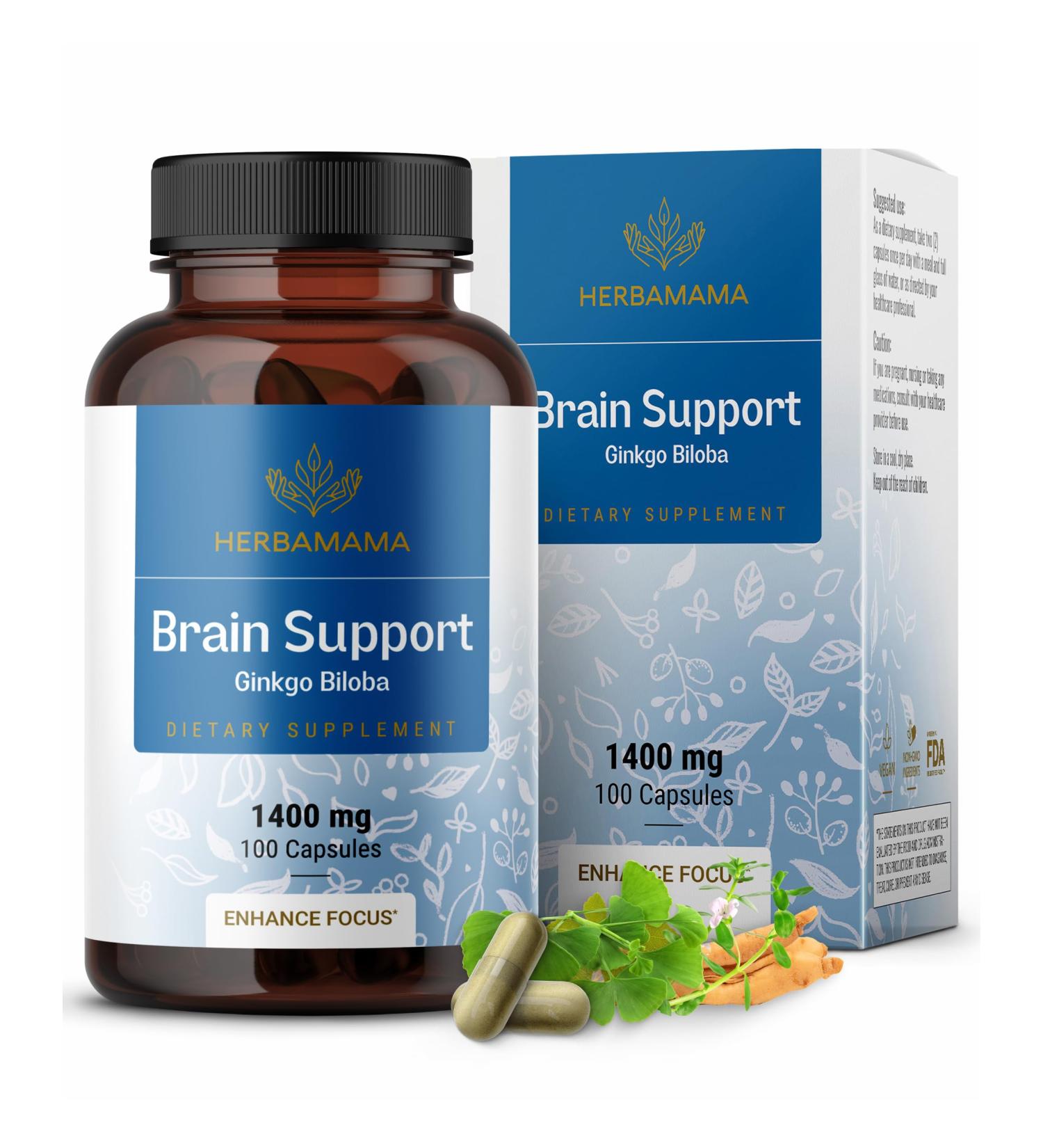 HERBAMAMA Brain Support Capsules - 1400mg Brain Support Supplement for Adults with Bacopa Panax Ginseng and Ginkgo Biloba - Vegan Non-GMO Focus Supplement 100 Caps 100 Count (Pack of 1) - Buy Online on GoSupps.com