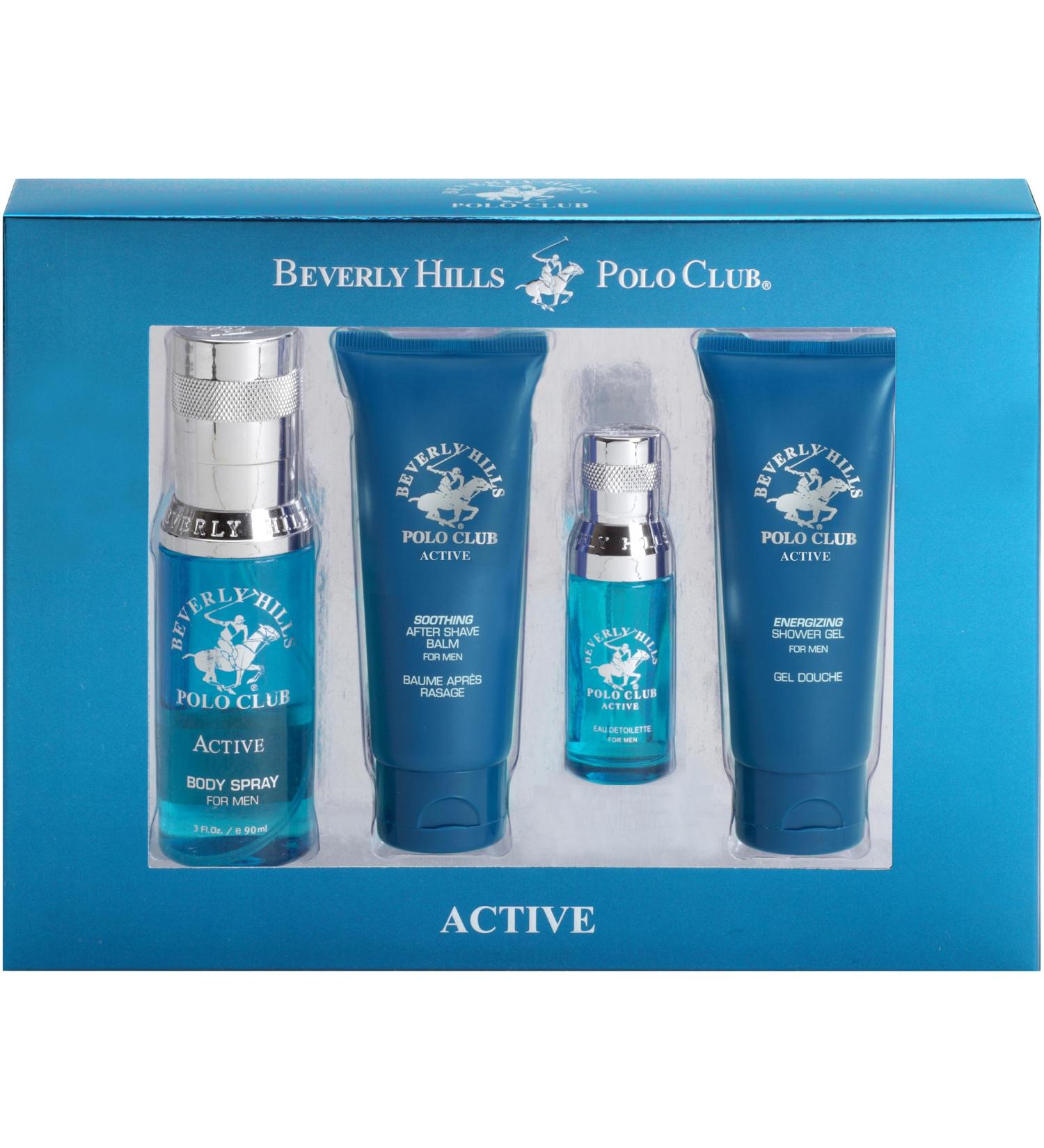 Beverly Hills Polo Club BHPC 4 Piece Economy Gift Set with Eau De Toilette Body Spray After Shave & Shower Gel (Active)