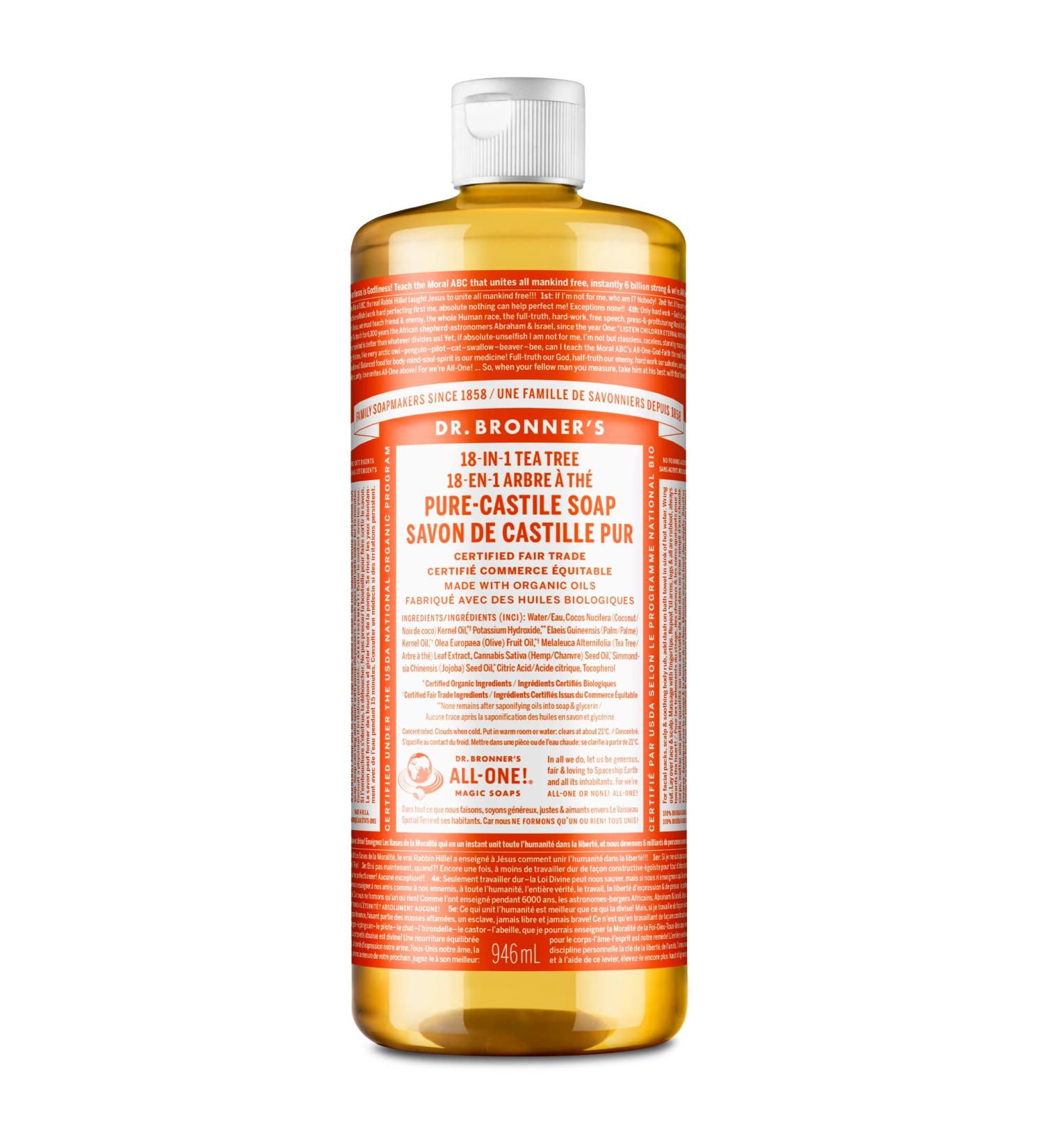 Dr. Bronner's Tea Tree Pure-Castile Liquid Soap 32oz - Organic Oils, 18-in-1 Uses, Acne-Prone Skin, Dandruff, Laundry, Pets - Vegan, Non-GMO - Concentrated Formula - 32 Fl Oz - Buy Online on GoSupps.com