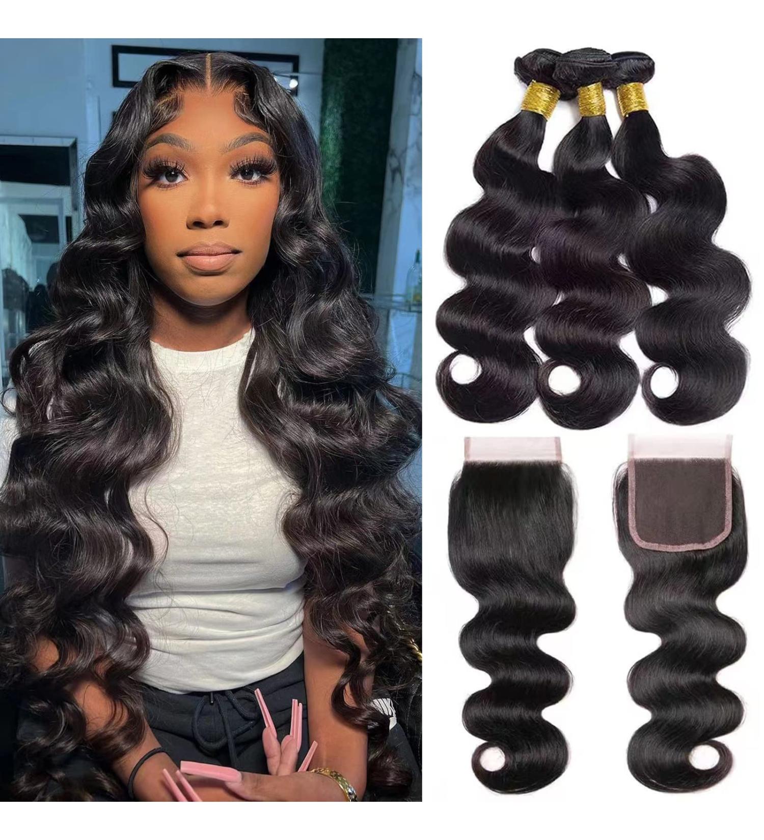 DDSNNT 10A Brazilian Body Wave Bundles with Closure- 3 Bundles of Unprocessed Human Hair (16 18 20) + 4x4 Lace Closure- Natural Color Body Wave Set - Buy Online on GoSupps.com