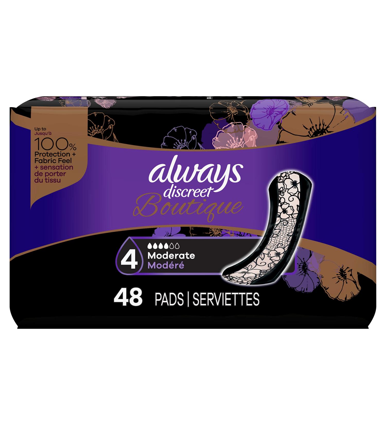 Always Discreet Boutique Incontinence Pads Size 4 Moderate Absorption 48 Pads
