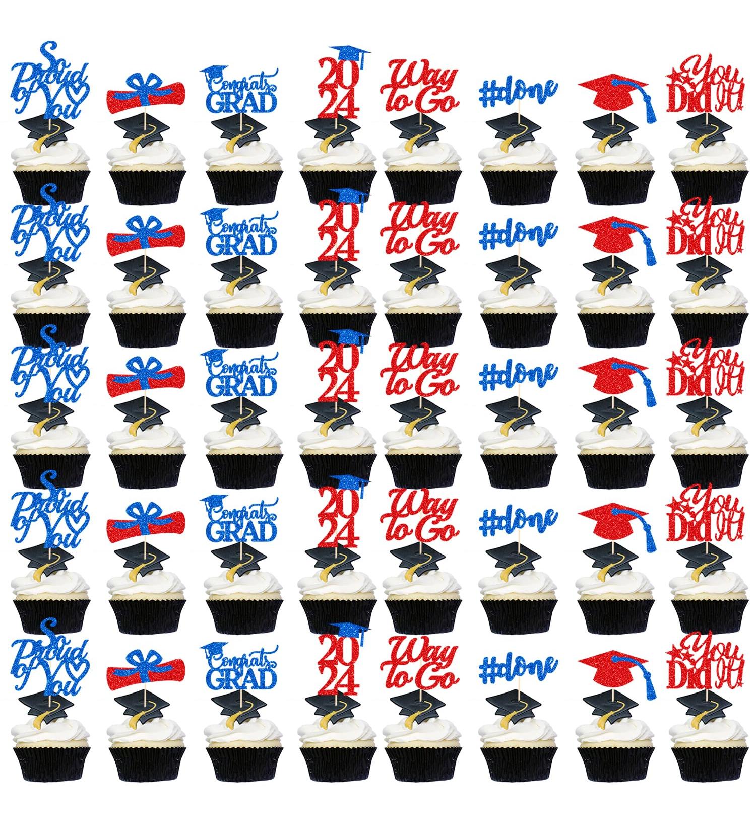 Graduation Cupcake Toppers 2024 Red Blue Glitter Class of 2024 Cupcake Toppers Supplies Congrats Grad Cap Diploma Cupcake Picks for Graduation Party Decorations 2024 Red and Blue - 40Pcs (Red Blue) - Buy Online on GoSupps.com