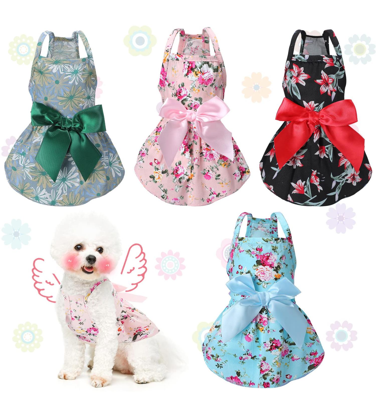 Puppy Dog Floral Dress Set - 4 Pieces Cute Rosette Sundress & Bowknot Apparel for Small Pets (Flower Patterns L) - Buy Online on GoSupps.com