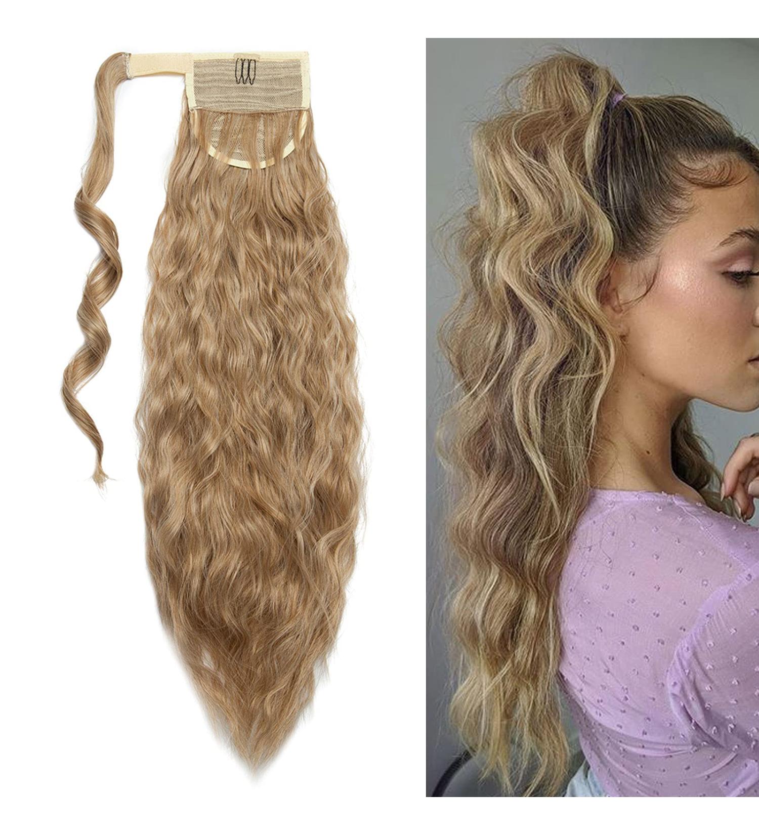 20 Inch Real Long Corn Wave Ponytail Clip in Hair Extensions - Light Ash Brown mix Bleach Blonde - Buy Online on GoSupps.com