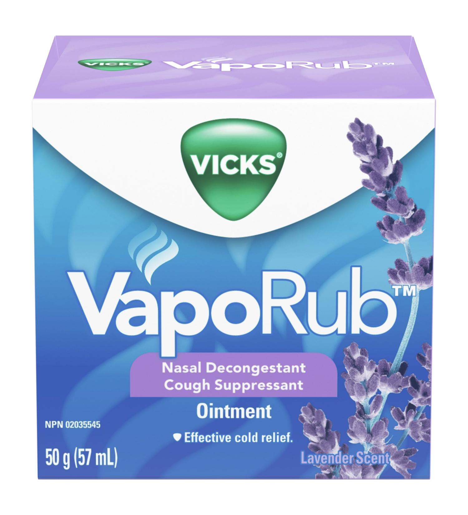Vicks VapoRub Nasal Decongestant Cough Suppressant Relief from Cold Aches & Pains Chest Rub Ointment Lavender scent 50 g/57 mL 57 ml (Pack of 1) Lavender - Buy Online on GoSupps.com