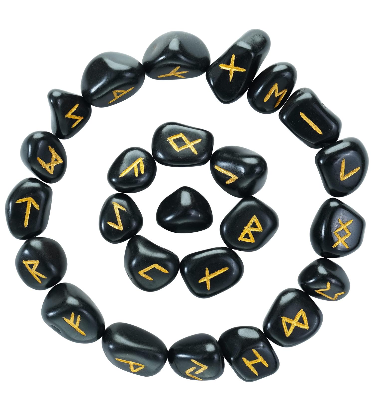 Crocon Black Tourmaline Elder Futhark Rune Stones Set | 25 pcs | 20-25mm | Feng Shui Chakra Balancing Reiki Healing - Buy Online on GoSupps.com