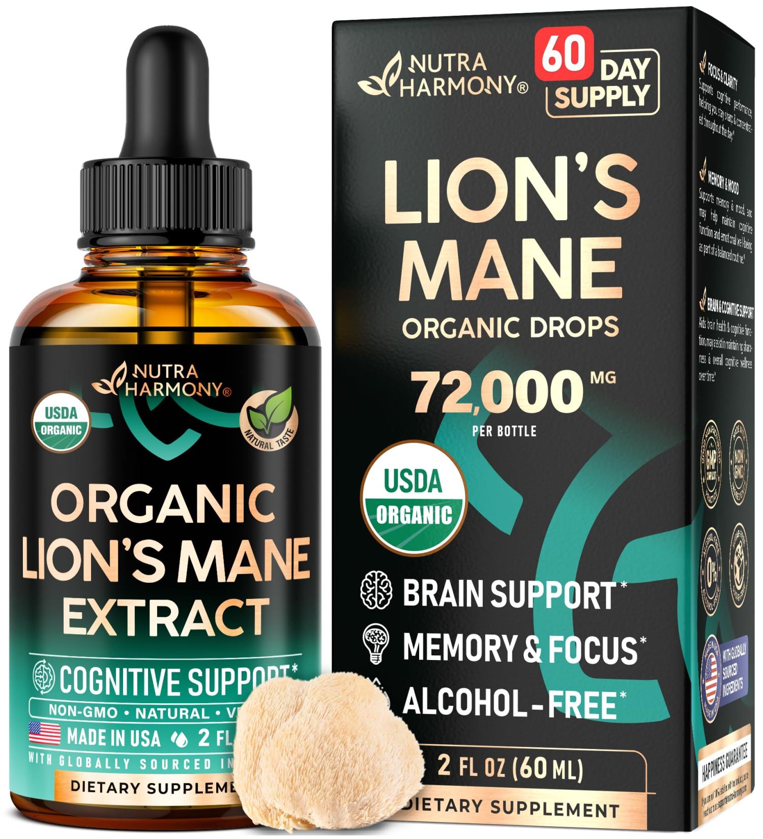 Lions Mane Liquid - USDA Certified Organic Lions Mane Supplement - Brain Support Energy Memory & Focus - Sugar & Alcohol-Free Lion's Mane Mushroom Extract 72 000 mg / Bottle 2 Fl OZ 2 Month Supply 2 Fl Oz (Pack of 1) - Buy Online on GoSupps.com