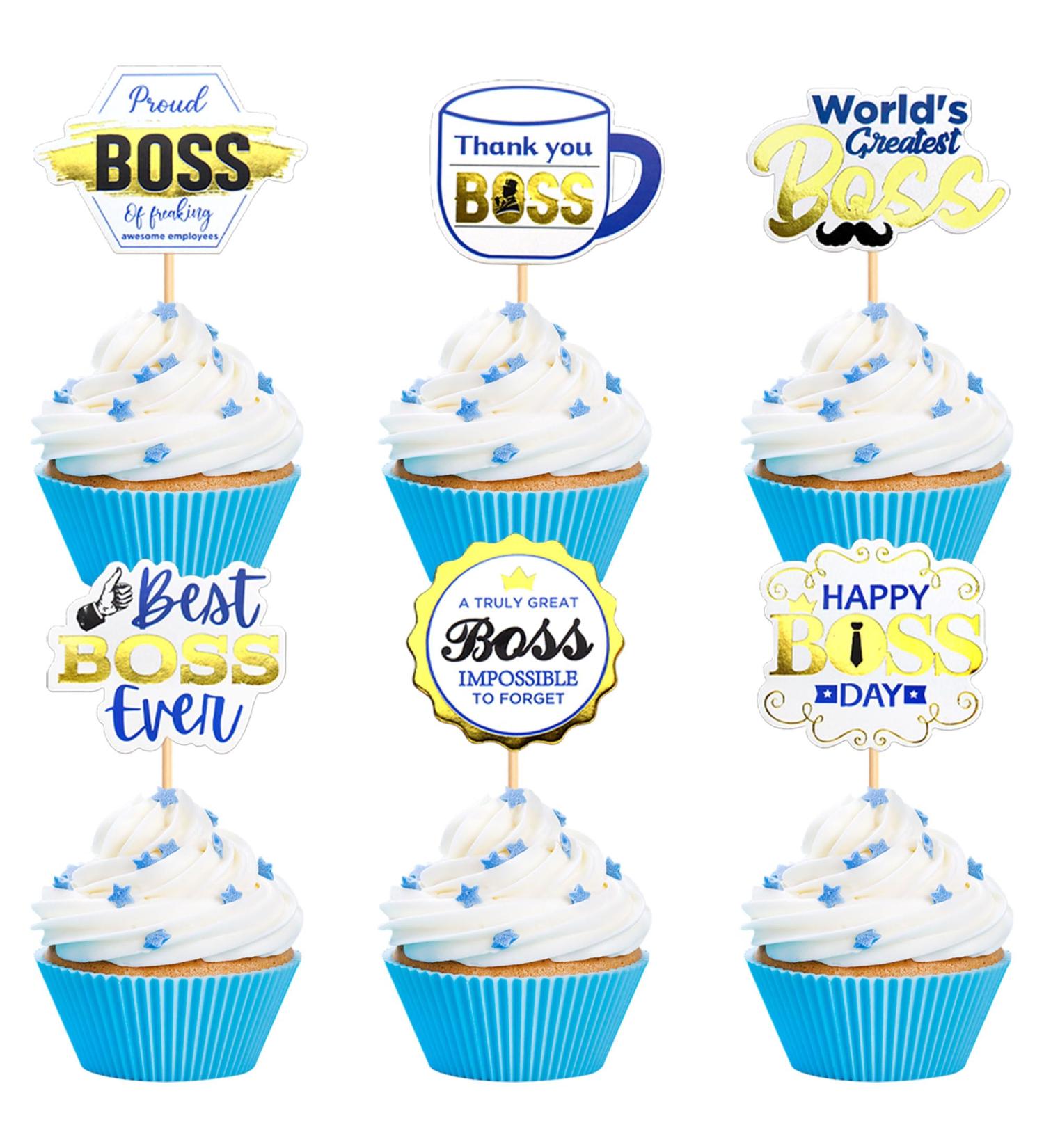 Ercadio 24 Pack Happy Boss Day Cupcake Toppers Blue Boss Day Cupcake Toppers Best Boss Thank You Boss Cake Picks for Boss Theme Gender Reveal Birthday Party Cake Decoration Supplies Pattern-1 Blue - Buy Online on GoSupps.com