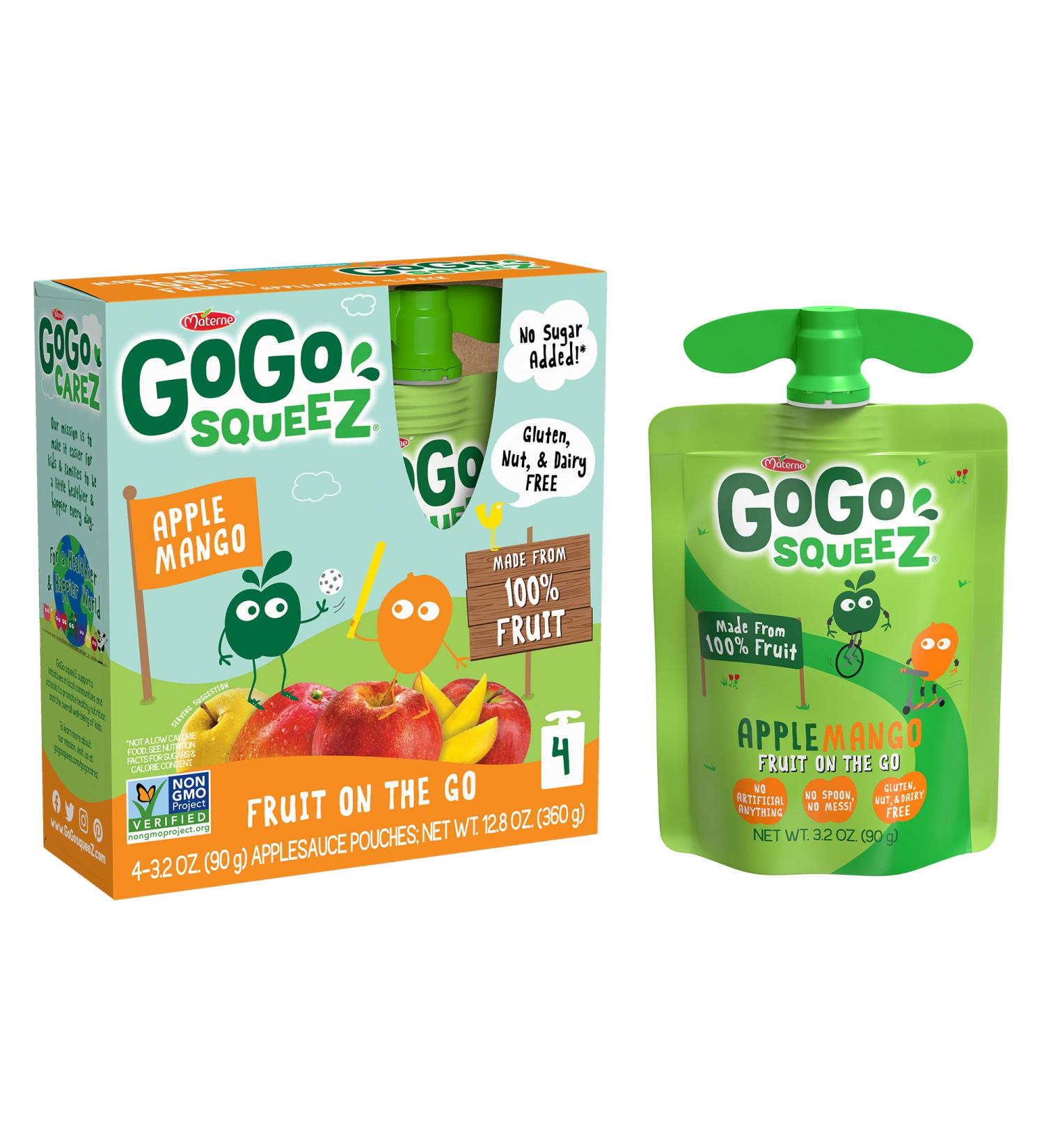 GoGo squeeZ Apple Mango Applesauce, 3.2oz (4 Pouches), Gluten Free, Vegan, Unsweetened, Recloseable, BPA Free - 4 Count - Buy Online on GoSupps.com