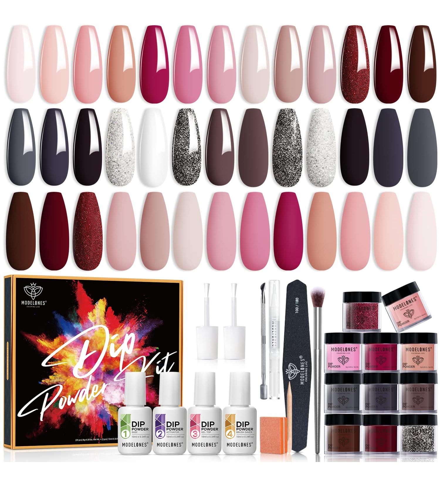 32 Pcs Dip Powder Nail Kit - Modelones 20 Colors Nude Pink Dipping Powder Set for DIY Manicure & Nail Art - TopBase Coat & Activator Included - Buy Online on GoSupps.com