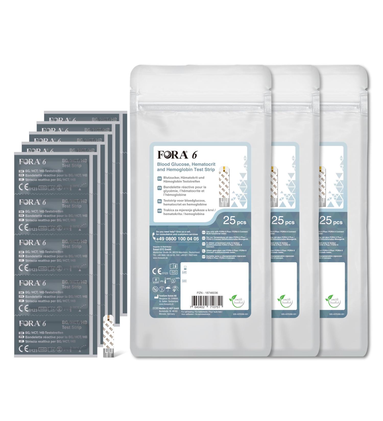 FORA 6 blood glucose hematocrit and hemoglobin test strips (3-in-1: BG HCT HB) / 75 pieces