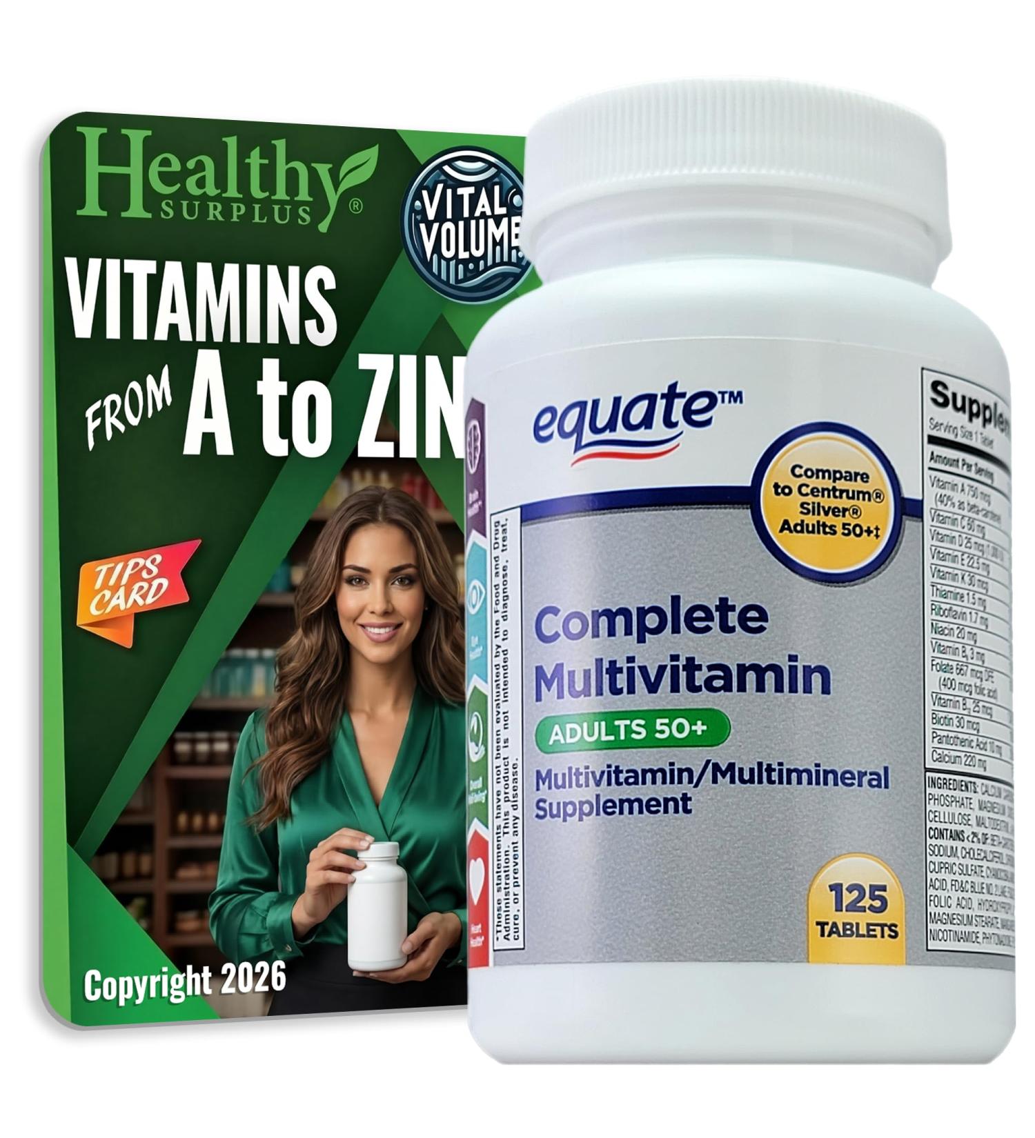 Healthy Surplus Equate Complete Multivitamin Adults 50+ Multimineral 125 Tablets and Vital Volumes Tips Card Bundle - Buy Online on GoSupps.com