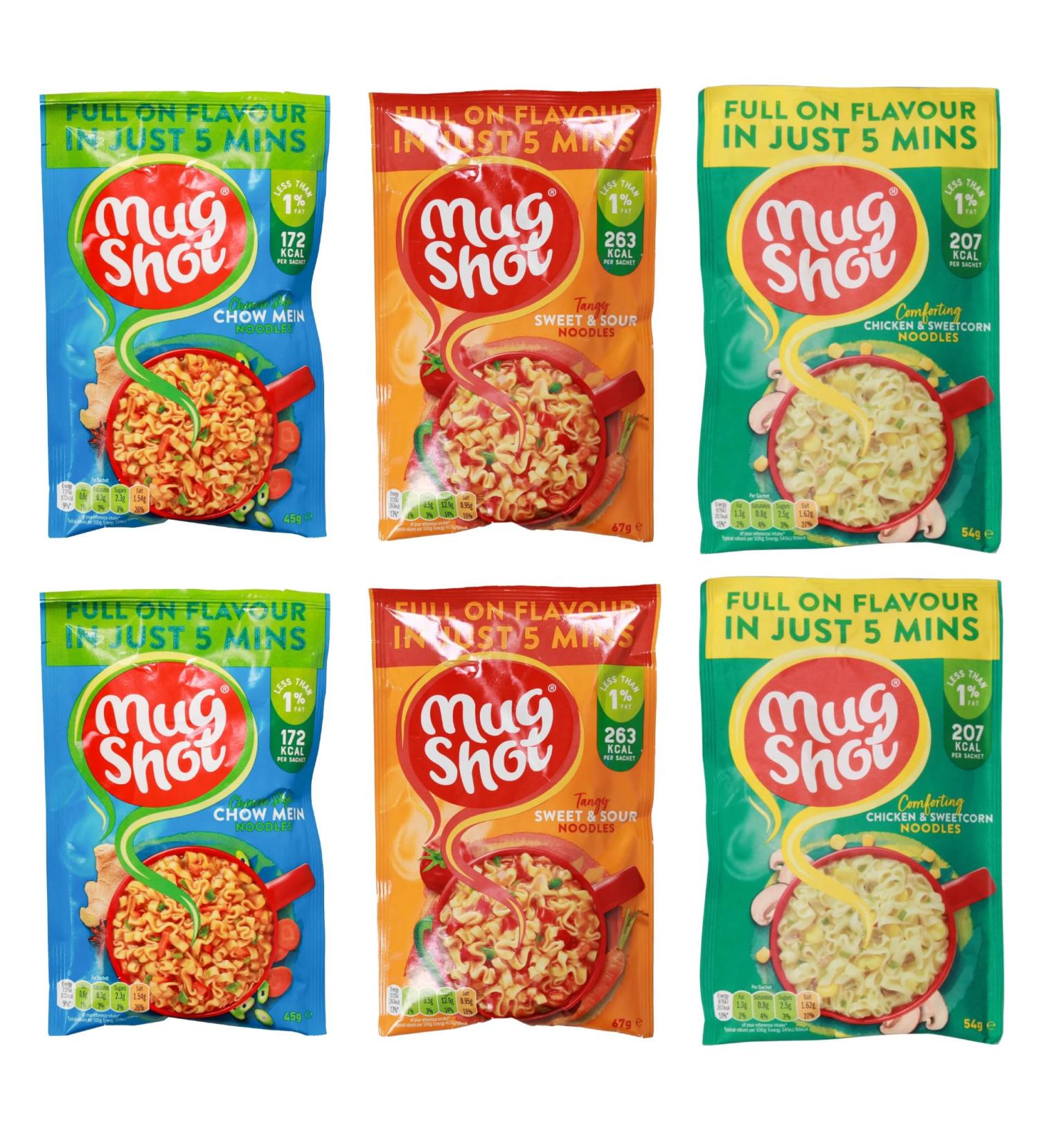 Mugshot Instant Noodles Variety 6 Pack (2 x Sweet & Sour - 67g 2 x Chow Mein - 45g 2 x Chicken Sweetcorn - 54g) - Buy Online on GoSupps.com