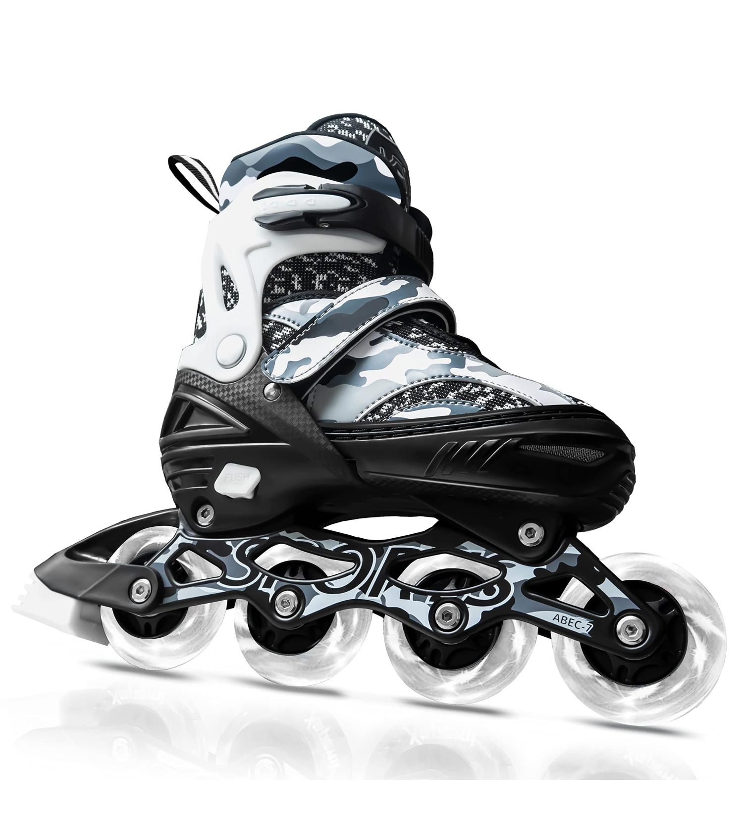 Adjustable Roller Blades Inline Skates for Kids & Adults | Light Up Outdoor Indoor Skates | Black Camo | Size Large (4-7 US) - Buy Online on GoSupps.com