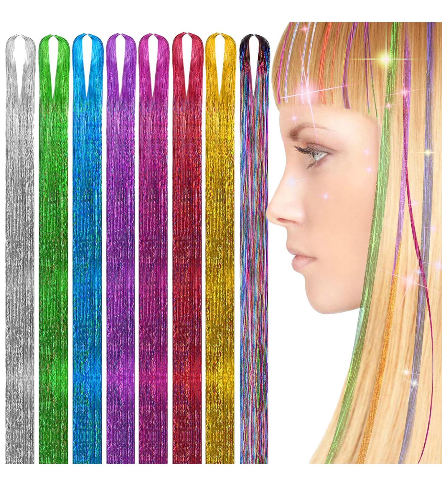XFTOPSE Hair Tinsel 8 Colors Heat Resistant Sparkling Shiny Silk Fairy Hair for Women Girls Kids Glitter Extensions Tinsel Hair Kit for Cosplay Party Halloween Christmas Dress up - Buy Online on GoSupps.com
