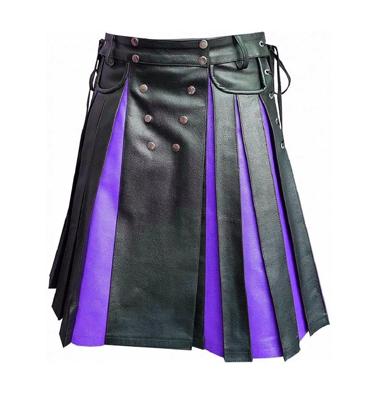 Leather Scottish Rock Kilt for Men - Retro Tartan Skirt | Classic 5XL Traditional Clubwear in Black & Purple - Buy Online on GoSupps.com