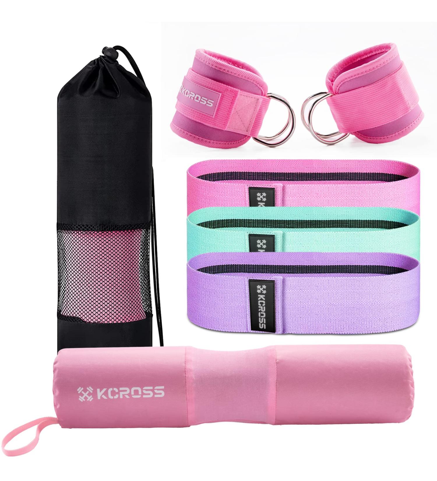 Kcross Barbell Squat Pad Set for Women - Includes 7Pcs Pad, Ankle Straps, Resistance Bands, Carry Bag - Pink Gym Equipment Accessories - Buy Online on GoSupps.com