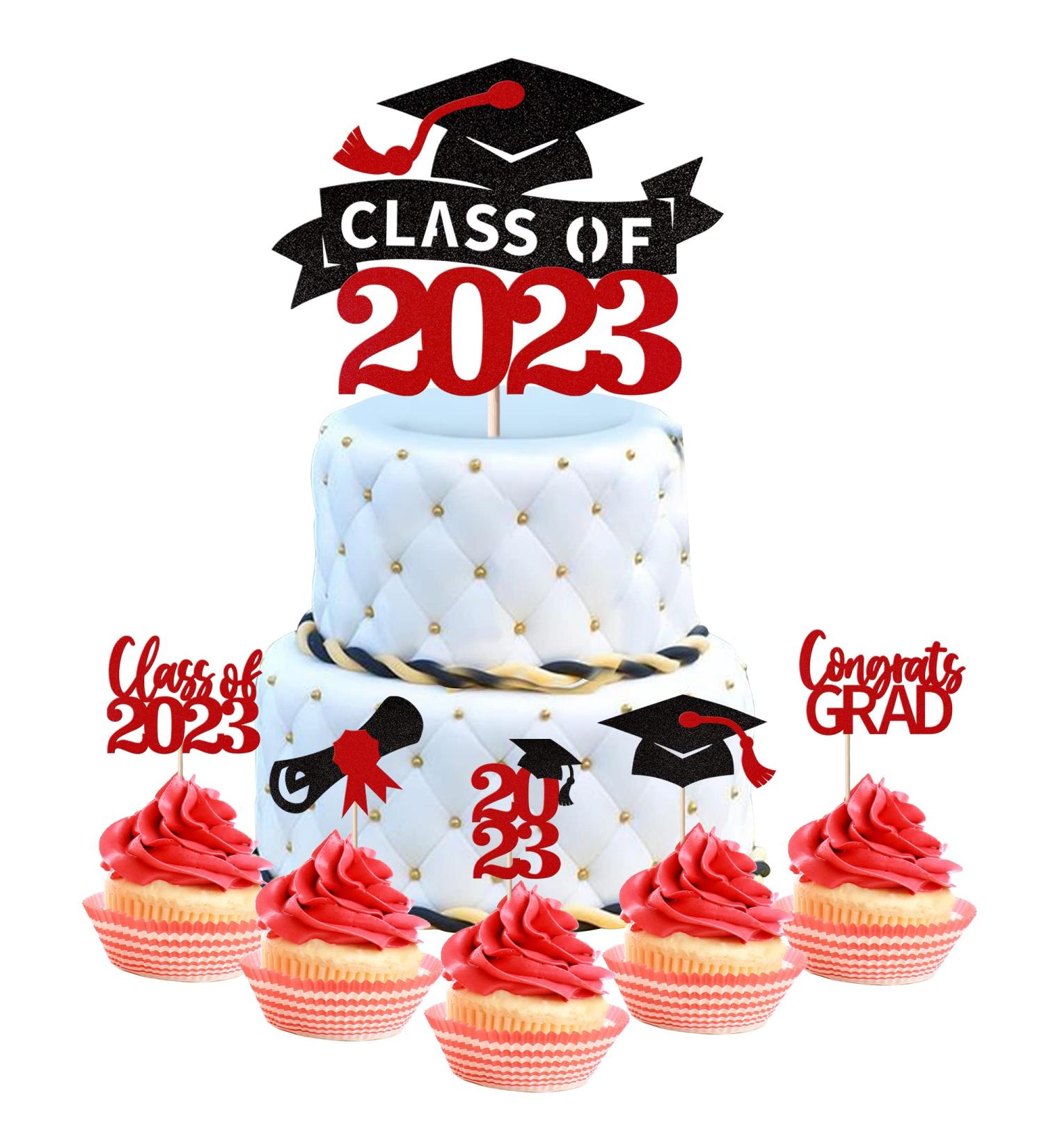 Graduation Cake Decoration Glitter Class of 2023 Graduation Cake Decoration Diploma Grade Cap Cupcake Toppers Congrats Graduation Cake Decorations for 2023 Graduation Theme Party Black Red Pack of 31 Red 31 St ck