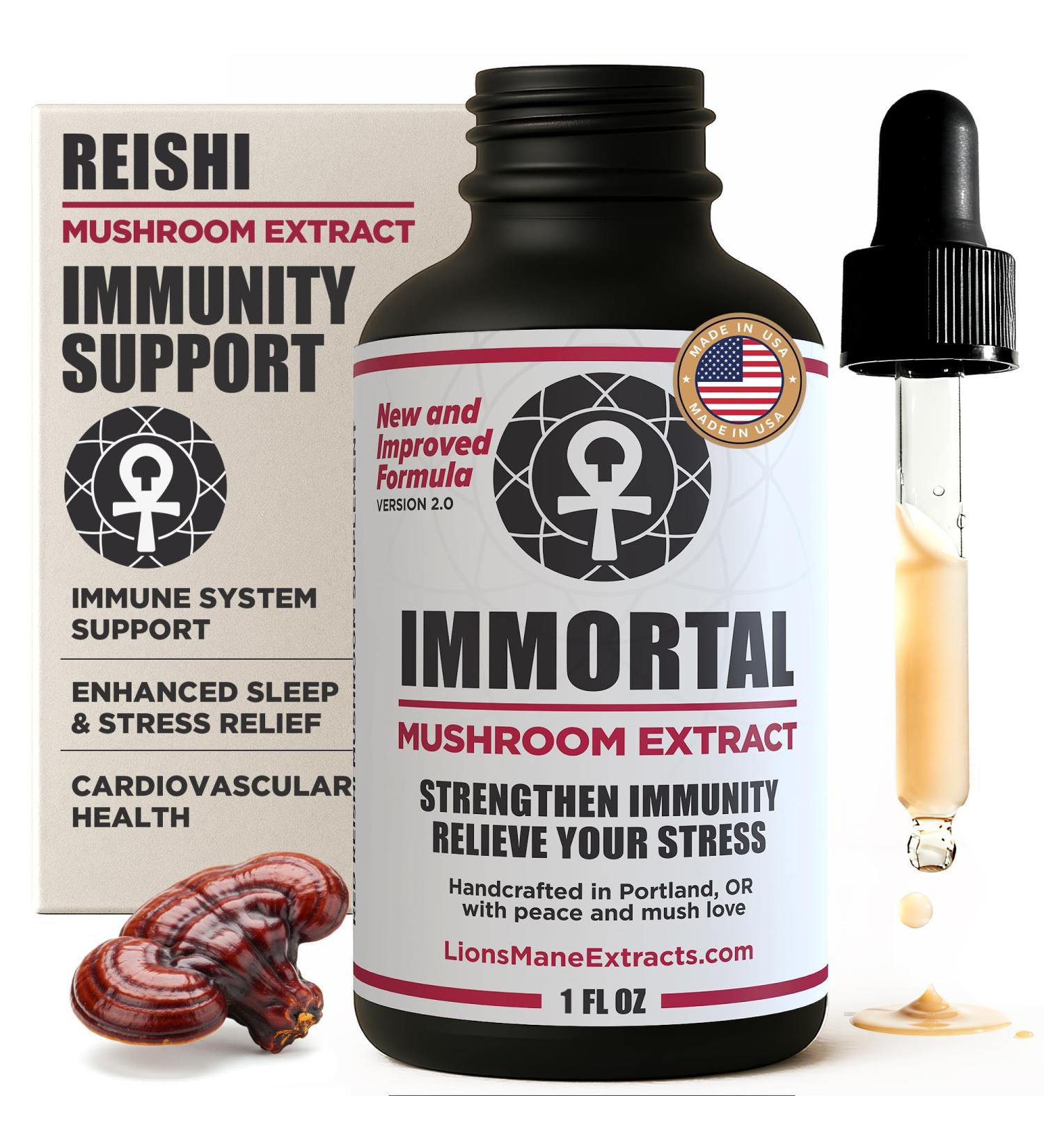 Immortal Reishi Mushroom Extract Ganoderma Lucidum Tincture | 100% Fruiting Body | Immune Stress & Sleep Support | No Mycelium Reishi Mushroom Tincture Drops | Vegan Non-GMO 1 fl oz | USA Made 1 Ounce (Pack of 1) - Buy Online on GoSupps.com