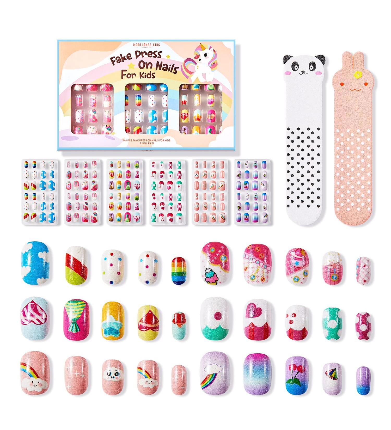 Modelones 144Pcs 6 Pack Kids Press on Nails - Pre-glue Full Cover Glitter Gradient Rainbow Candy False Nail Art Kit for Valentines Day - Buy Online on GoSupps.com