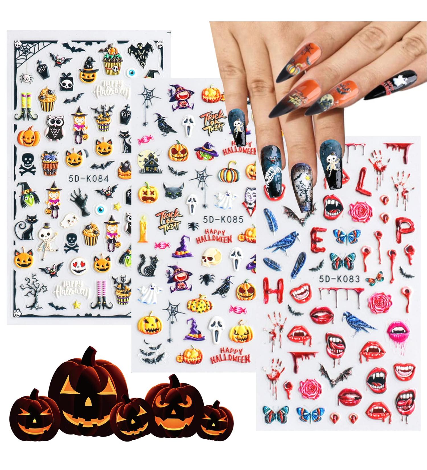 NICENEEDED 5D Halloween Nail Art Stickers 3 Sheets Stereoscopic Embossed Pumpkin Nail Decals Self-Adhesive Stickers with Skull Bat Witch Bloody Lips Design for Nail Art Decorations - Buy Online on GoSupps.com