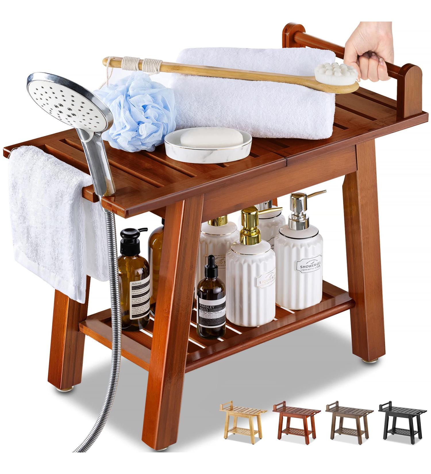 ETECHMART 2-Tier Bamboo Shower Bench 24 Inch Spa Stool with Storage Shelf - Brown - Buy Online on GoSupps.com