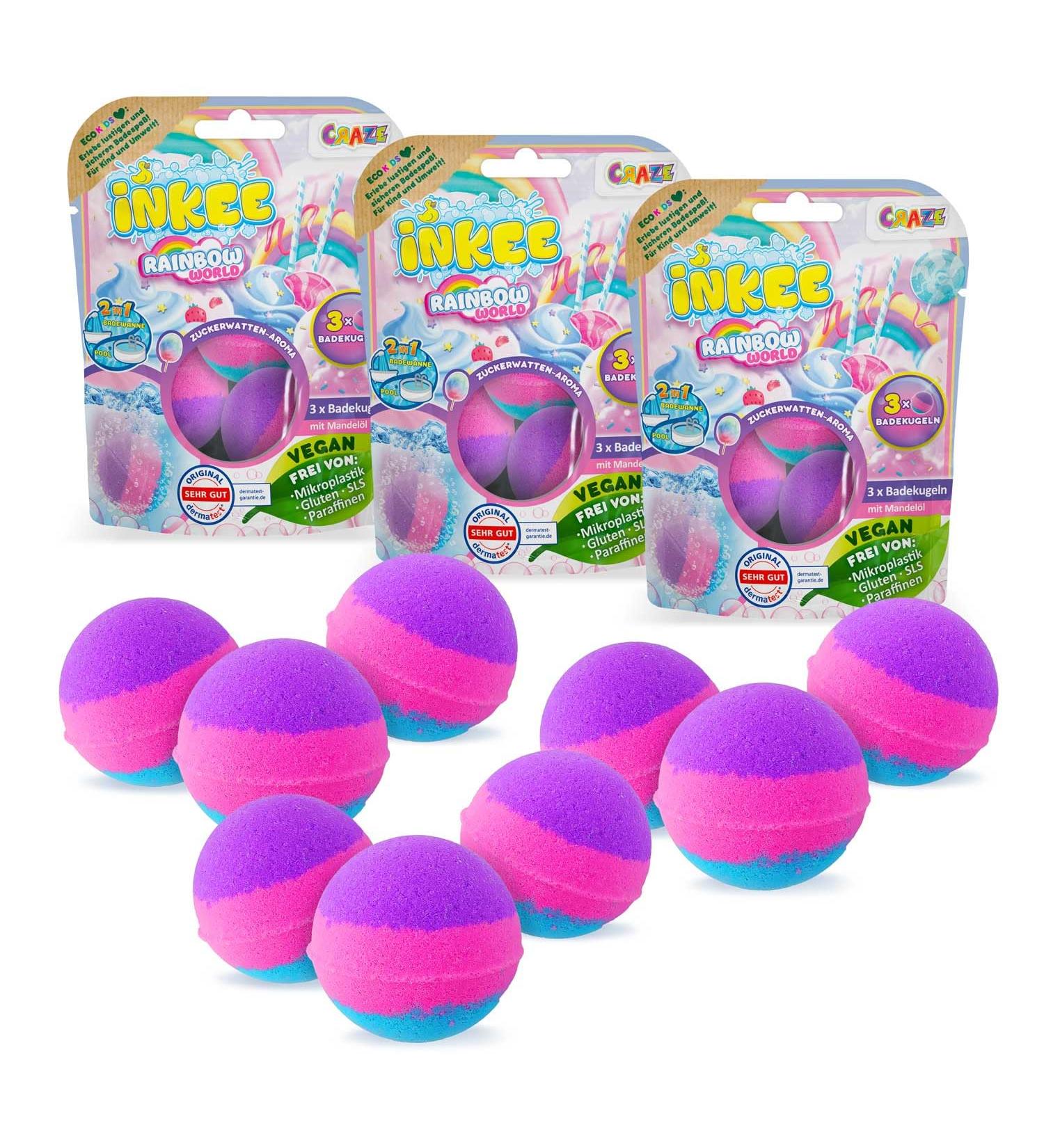 INKEE Pack Color Rainbow World - 9 Pack Scented Bath Bombs for Kids - 9 Bath Balls with 3 Different Color Layers (Pink Purple and Blue) Candy Floss Aroma and Argan Oil - Buy Online on GoSupps.com